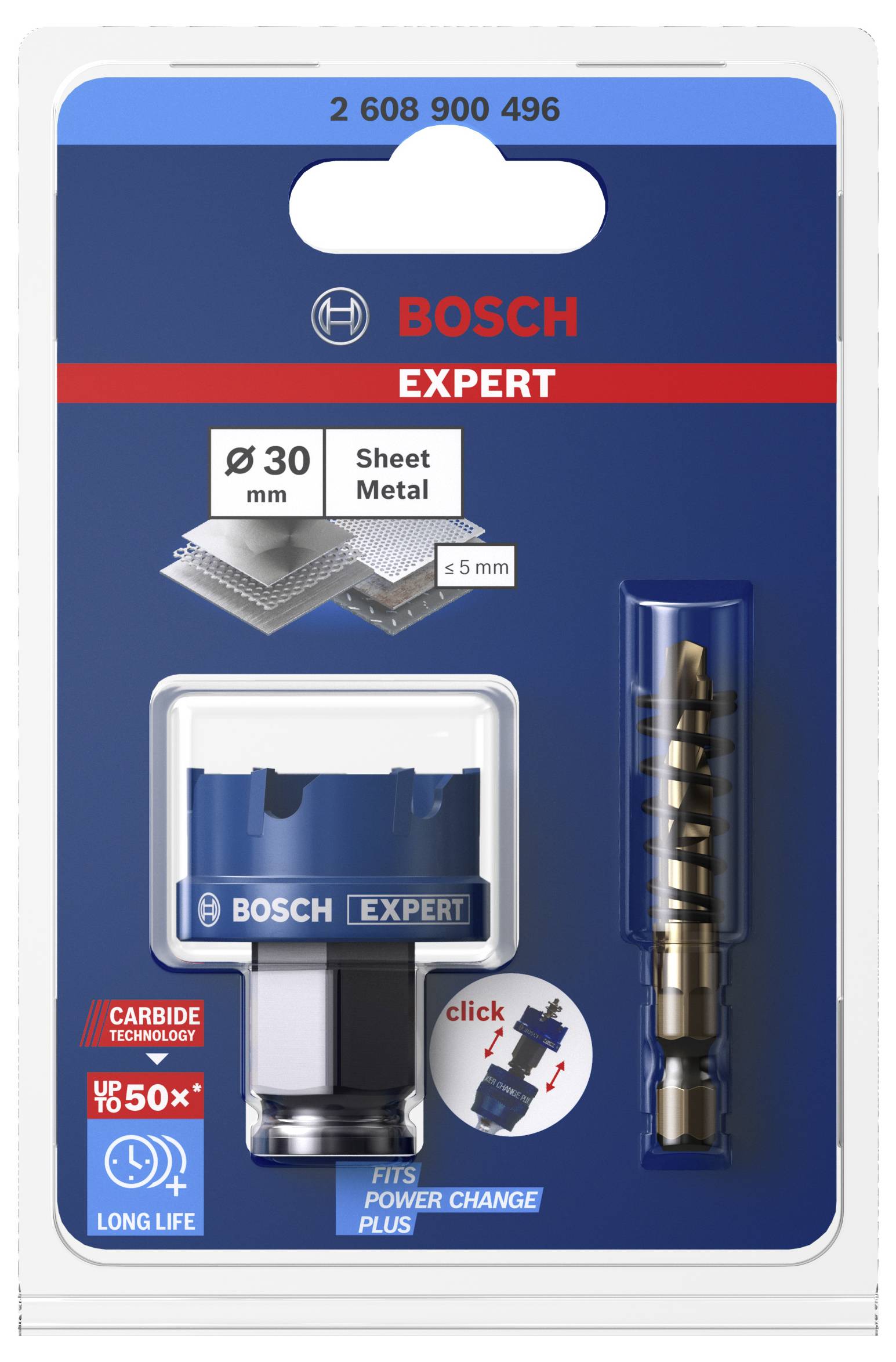 Bohrkrone für Metall von Bosch, Durchmesser 30 mm, geeignet für Blechdicken bis 5 mm, enthält Technologie zur schnellen Änderung.