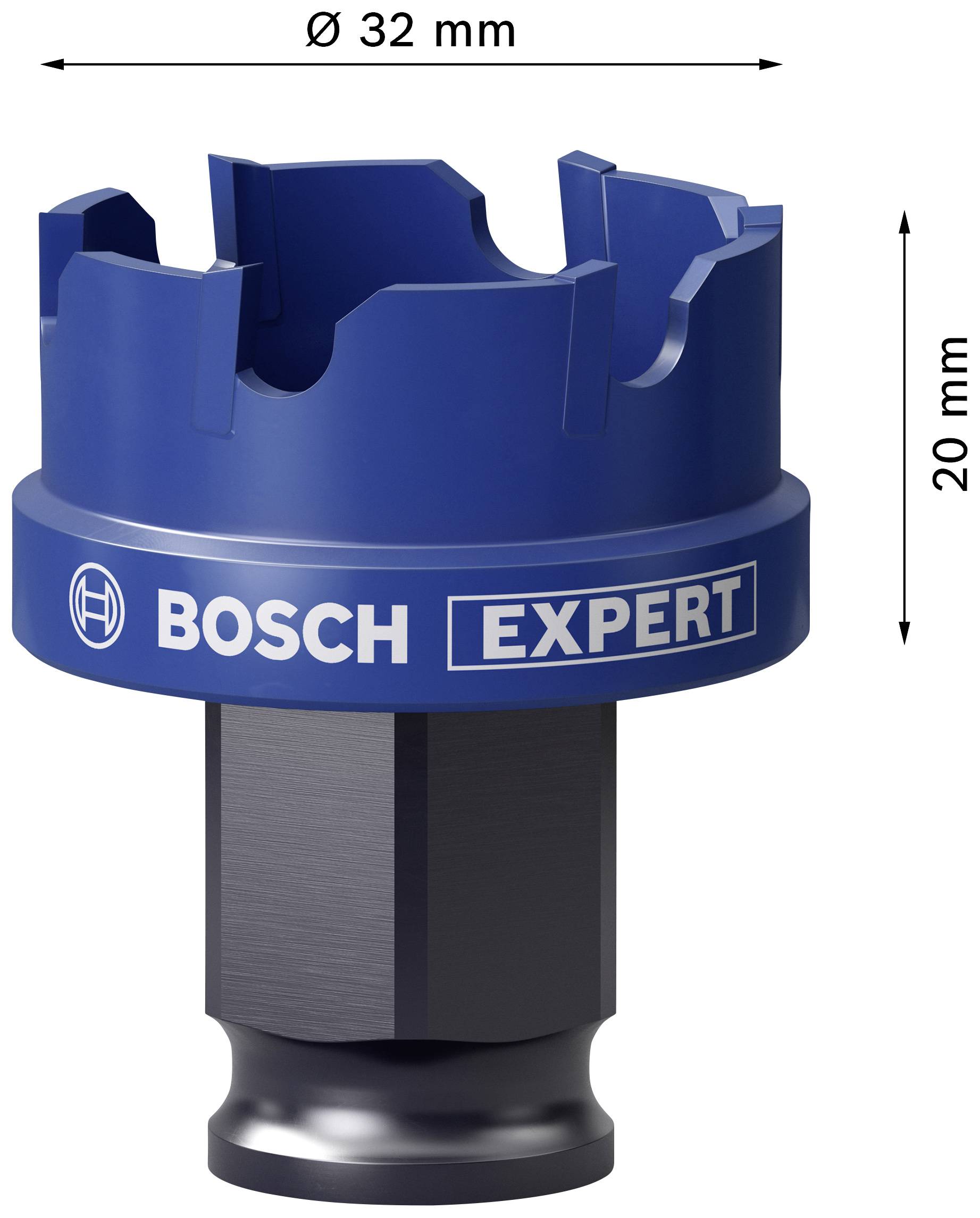'Bosch Expert' Lochsäge mit 32 mm Durchmesser und 20 mm Höhe, in Blau und Schwarz, mit sichtbarem Logo.