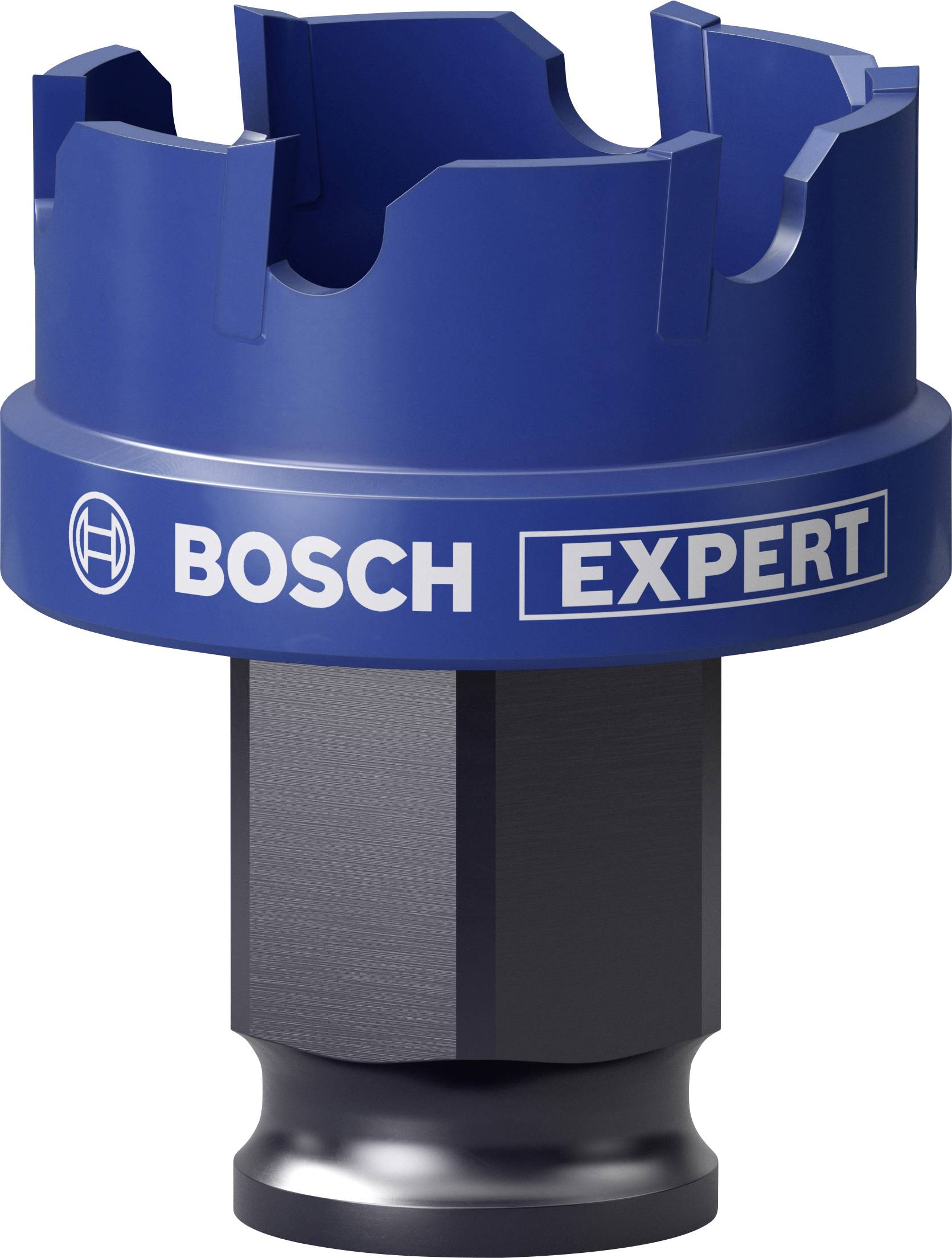 Ein blauer Bosch Expert Bohrkopf mit zylindrischem Design und gezacktem Rand, geeignet für präzises Bohren in harte Materialien.