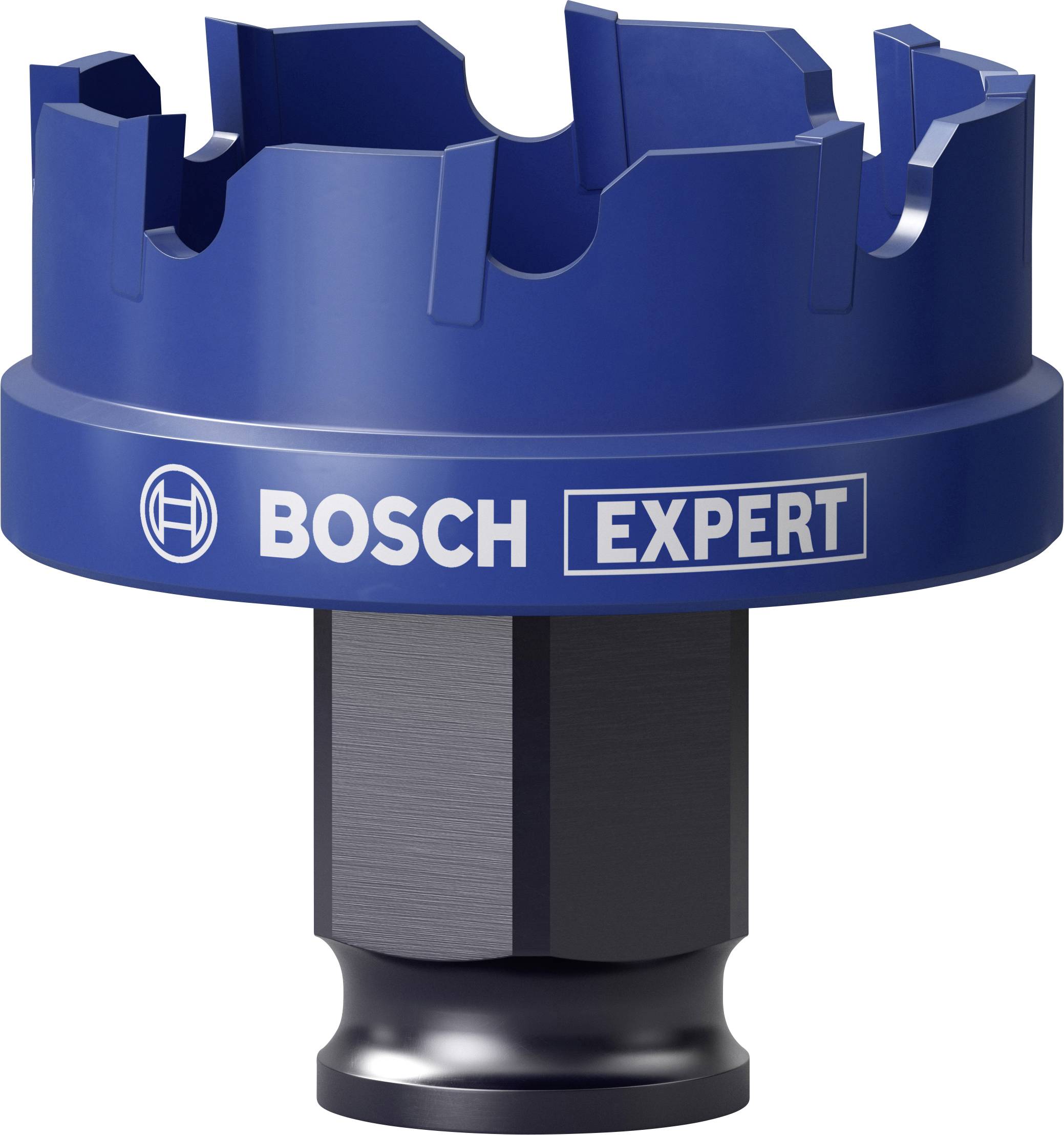 Das Bild zeigt einen blauen Lochsäger mit der Aufschrift 'BOSCH EXPERT'. Der Lochsäger ist zahnförmig gestaltet und zur Metallbearbeitung geeignet.