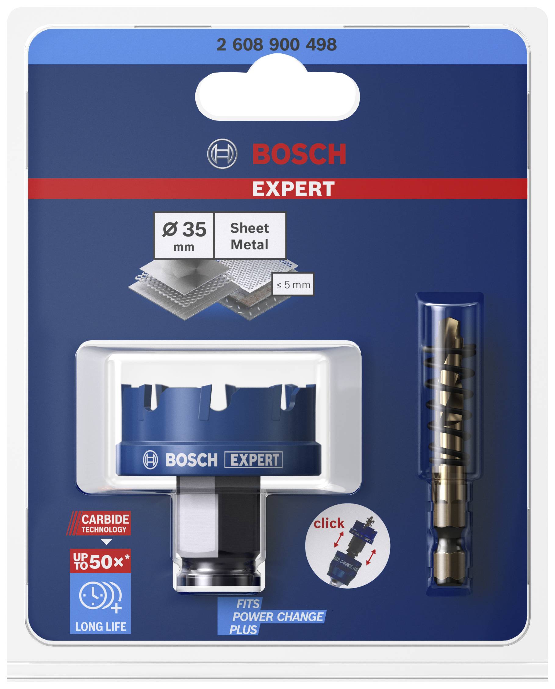 Verpackung eines Bosch Expert Lochsäge-Sets für Bleche, inklusive eines blauen Aufsatzes und Zubehör. Größe: 35 mm. Geeignet für Metall bis 5 mm.