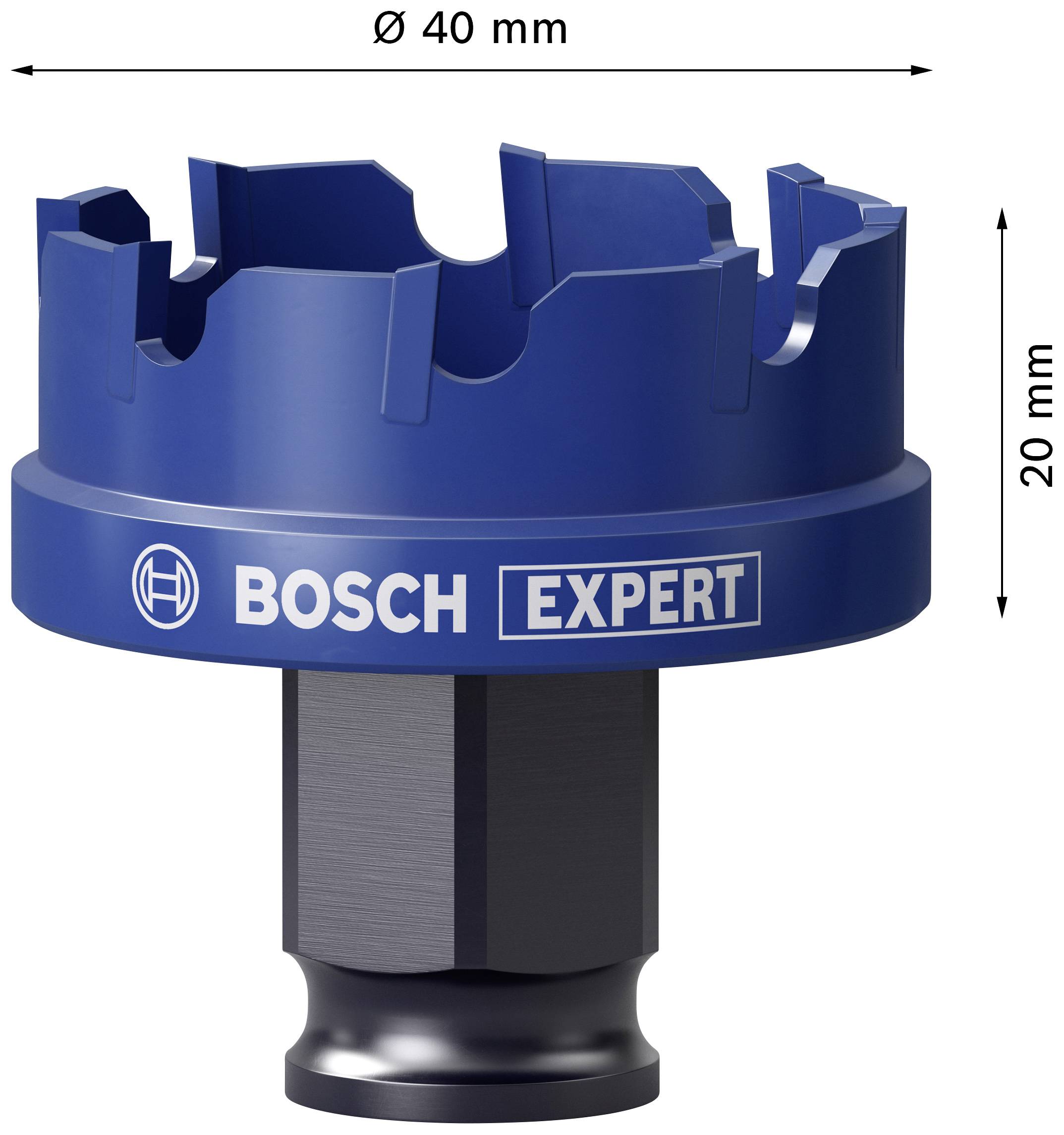Blaue Lochsäge von Bosch Expert, Durchmesser 40 mm, Höhe 20 mm, geeignet für Materialien wie Holz und Kunststoff.