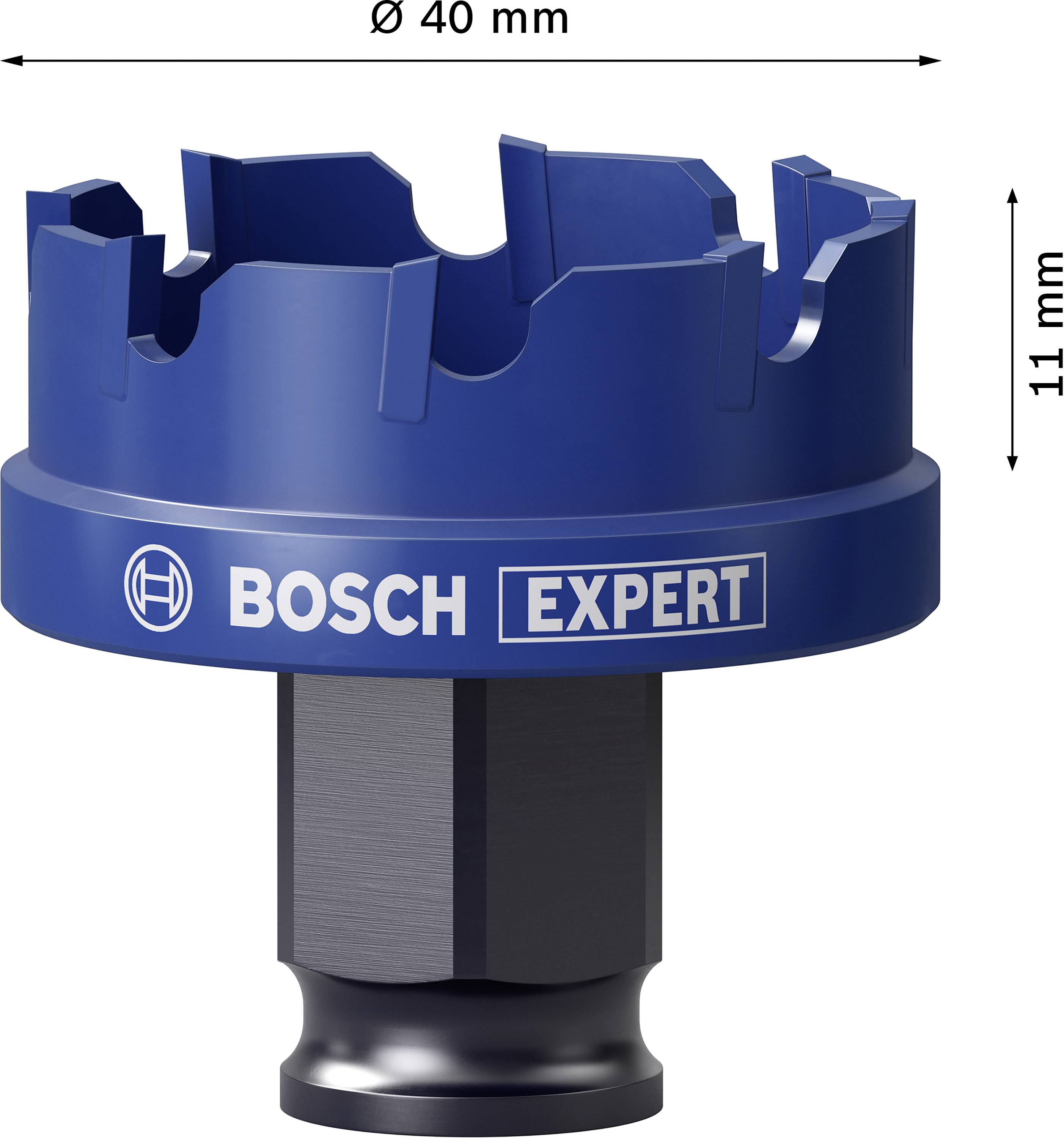 Bohrkrone von Bosch mit einem Durchmesser von 40 mm und einer Höhe von 11 mm, geeignet für präzises Bohren in verschiedene Materialien.