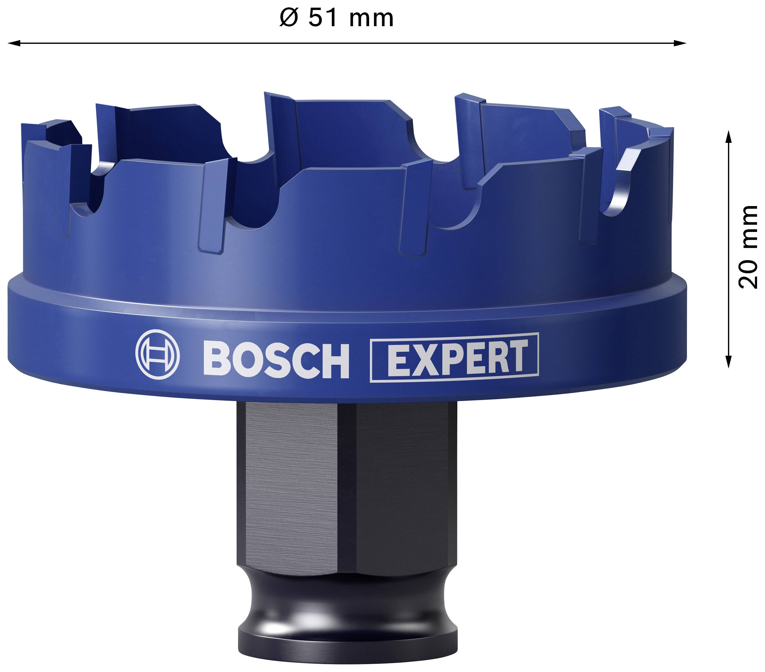 BOSCH EXPERT Lochsäge, Durchmesser 51 mm, Höhe 20 mm, blaue Farbe, geeignet zum Bohren von Löchern in harten Materialien.