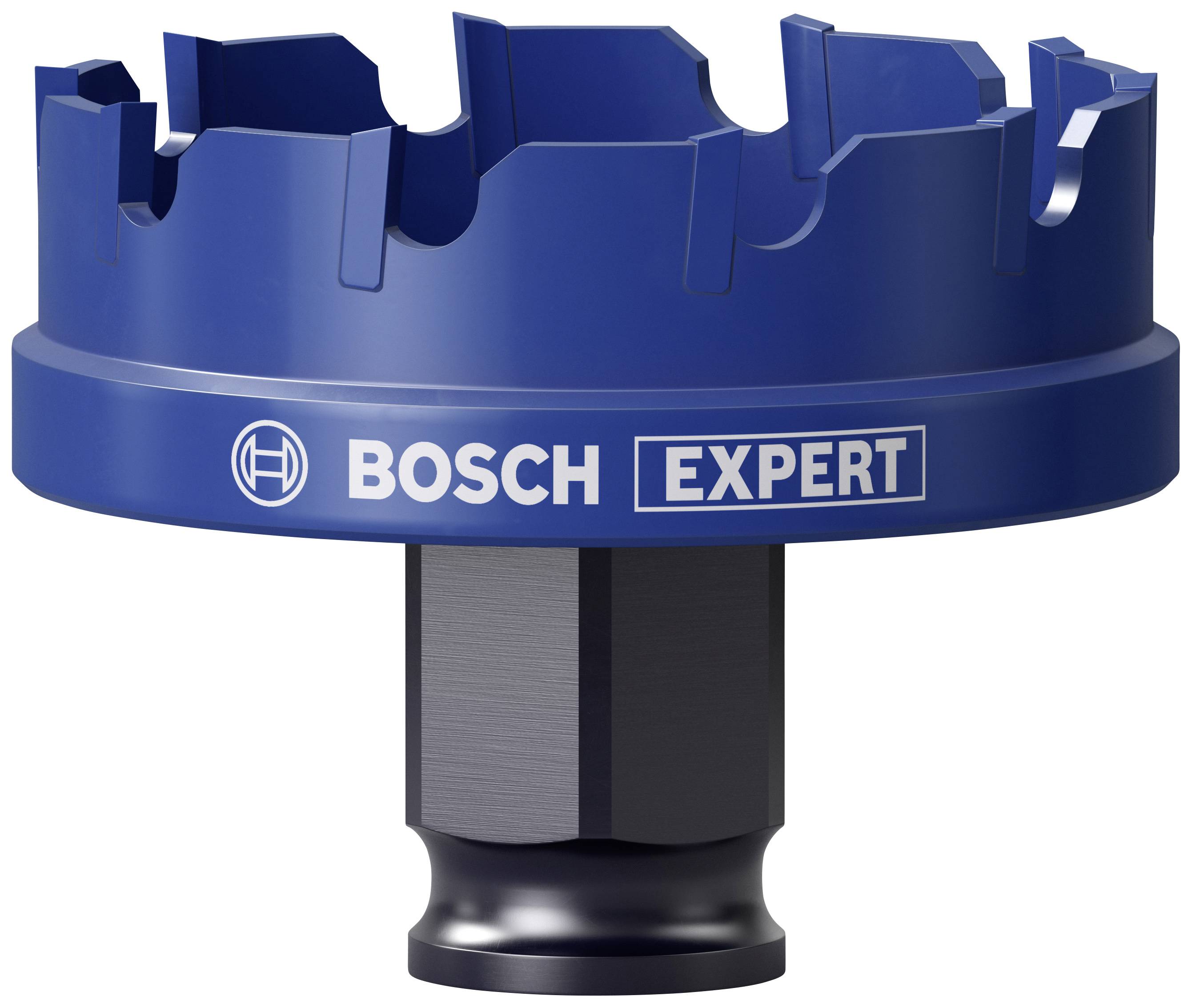 'Bosch Expert' Lochsäge mit blauem, gezacktem Rand und schwarzem Bohrschaft; geeignet für das Bohren in harte Materialien.