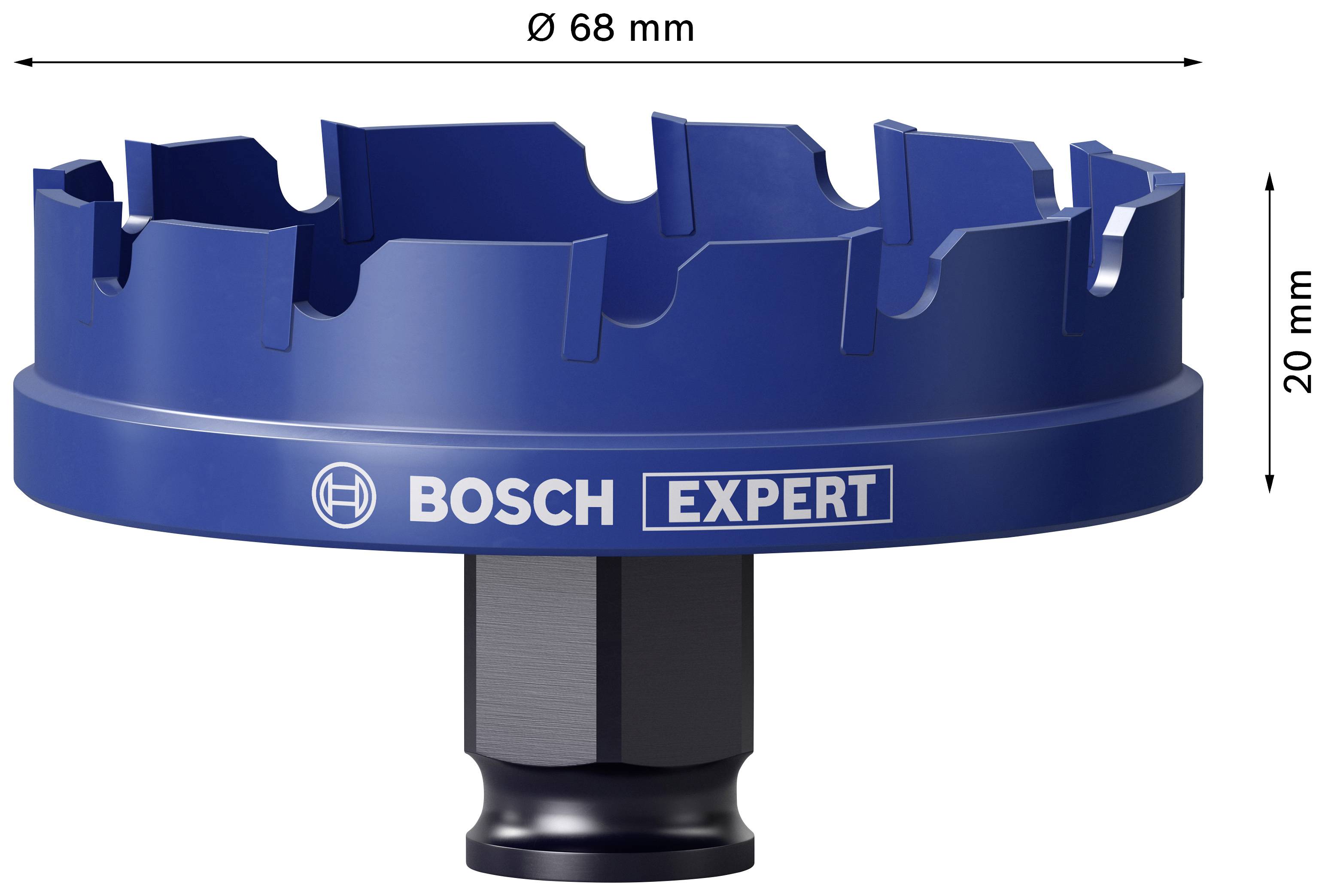 'Bosch Expert' Lochsäge, Durchmesser 68 mm, Höhe 20 mm, blauer Metallkörper mit gezackten Schneiden, geeignet für präzises Bohren.