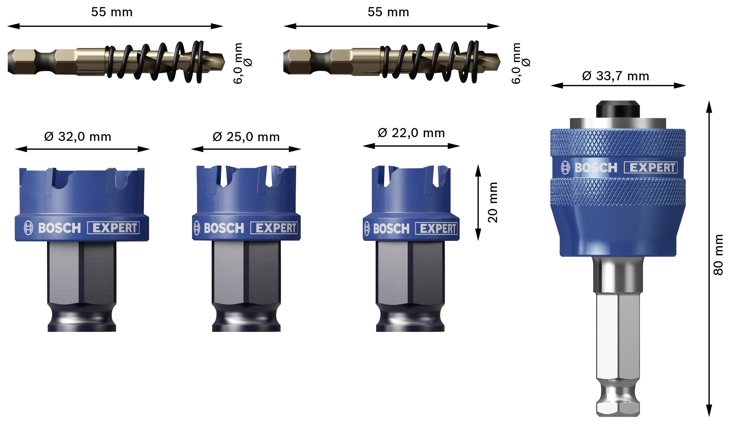 'BOSCH EXPERT' Bit-Set mit Halterung. Verschiede Bits mit Durchmessern von 32,0 mm, 25,0 mm, und 22,0 mm. Halterung: 80 mm hoch.