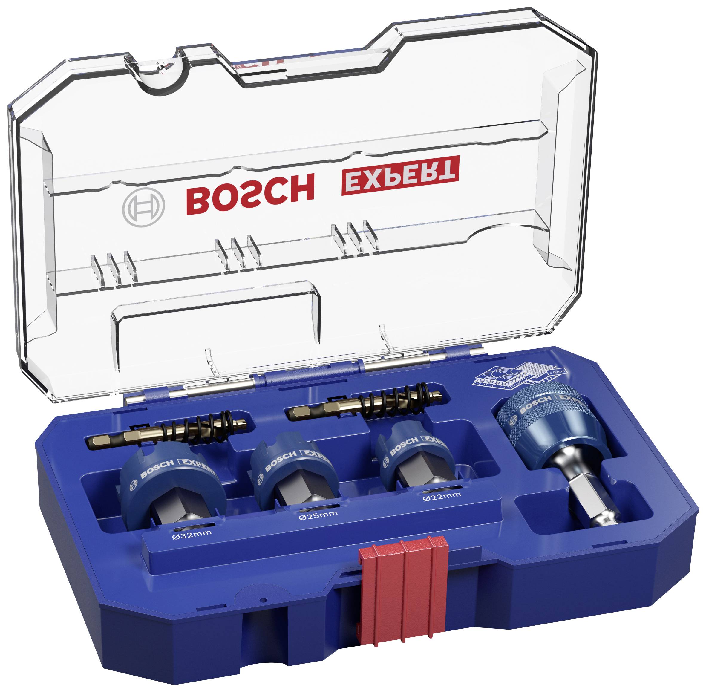 Bohrkronenset von Bosch in offenem, blauem Kunststoffkoffer, zeigt mehrere Bohrköpfe mit unterschiedlichen Durchmessern und Zubehör.