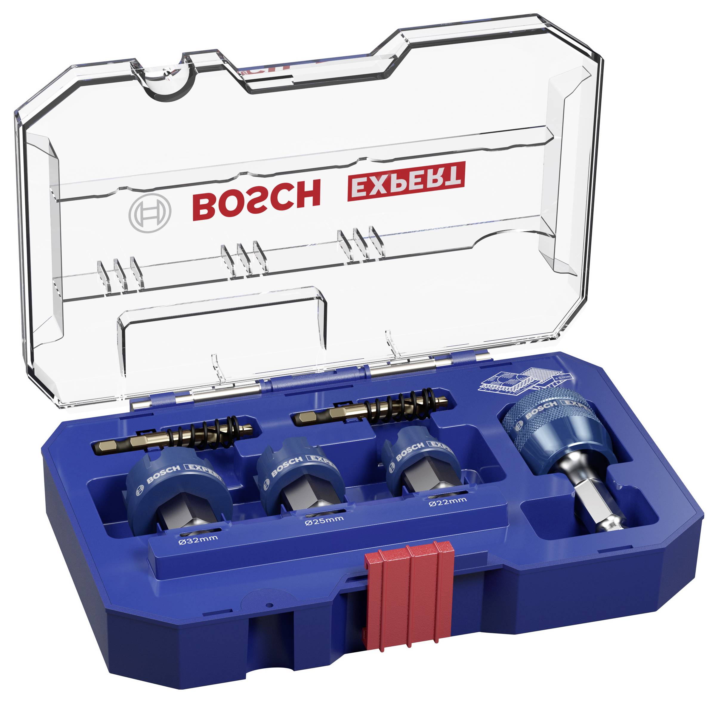 'Bosch' Lochsägen-Set in offenem Kunststoffkoffer mit drei Lochsägen und Zubehör.