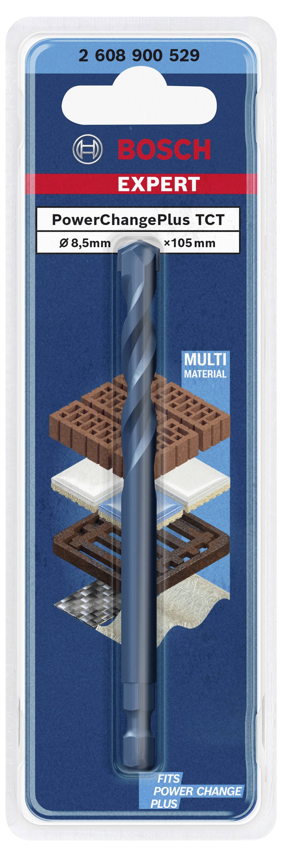 Verpackung eines Bosch 8,5mm Bohrers mit PowerChangePlus TCT für verschiedene Materialien. Text: 'MULTI MATERIAL', 'EXPERT'.