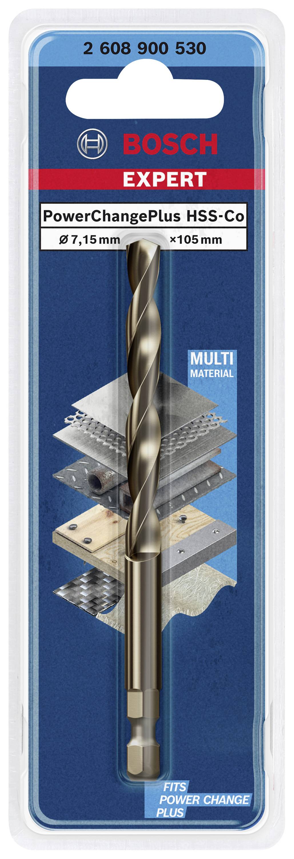 Bohrer von Bosch Expert PowerChange Plus HSS-Co, Durchmesser 7,15 mm, Länge 105 mm, geeignet für Multi-Material-Bohrungen.