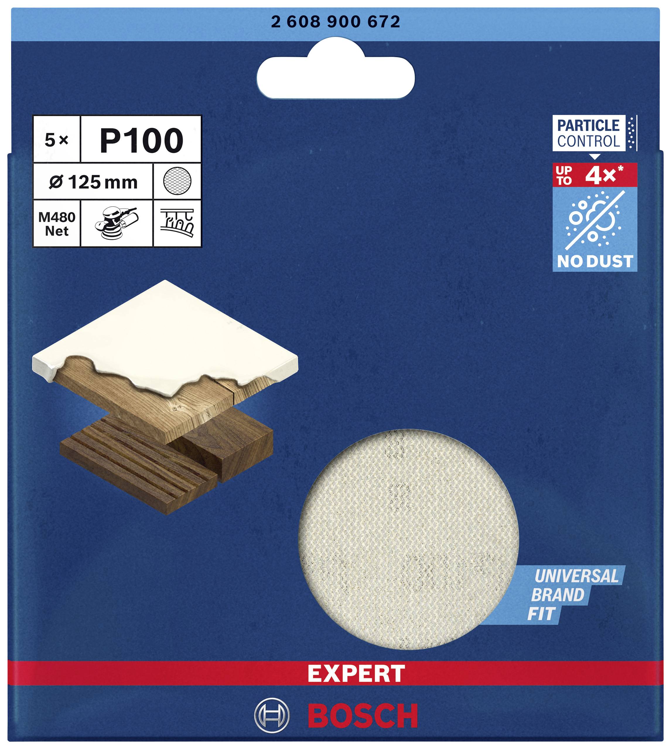 Schleifpapier-Packung von Bosch, P100 Körnung, 125 mm Durchmesser, 5 Stück, geeignet für Holz, lackierte Oberflächen, staubfreies Schleifen.