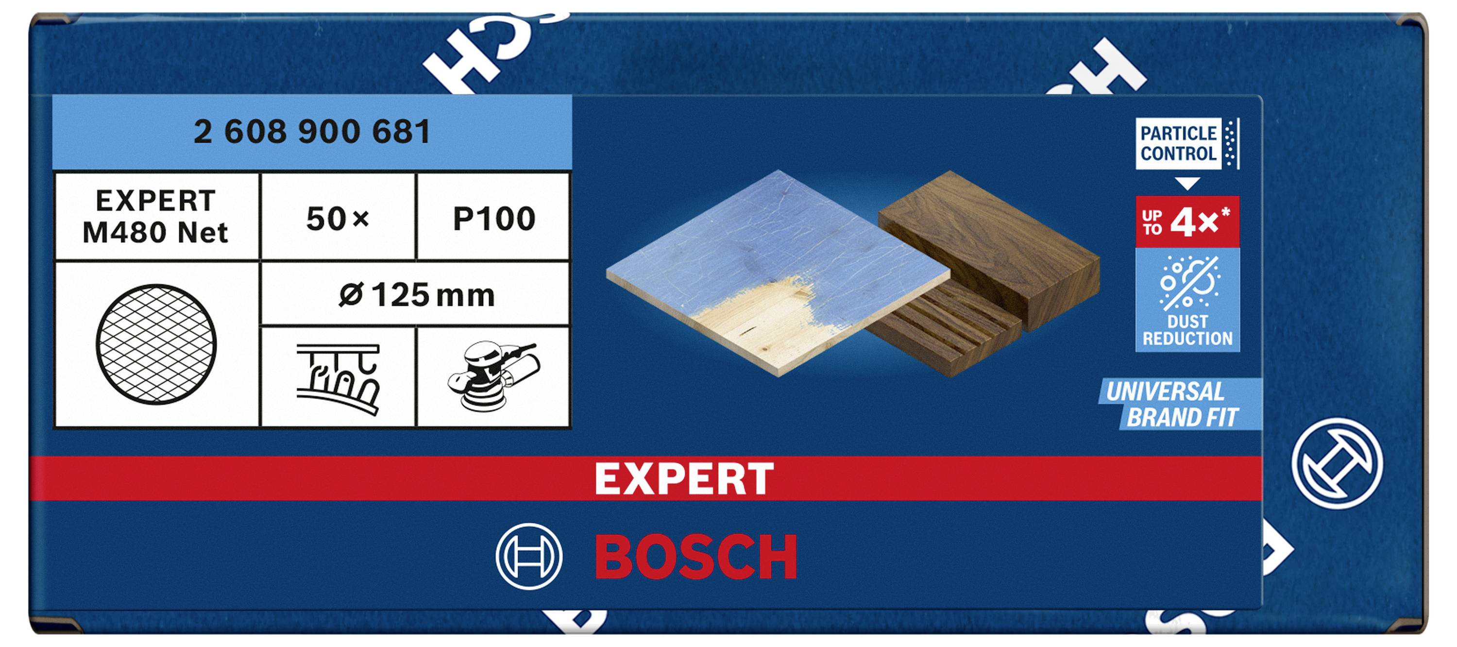 Verpackung für Bosch Expert Schleifscheiben M480 Net, enthält 50 Stück, Ø125 mm, Körnung P100, geeignet für Holzbearbeitung.