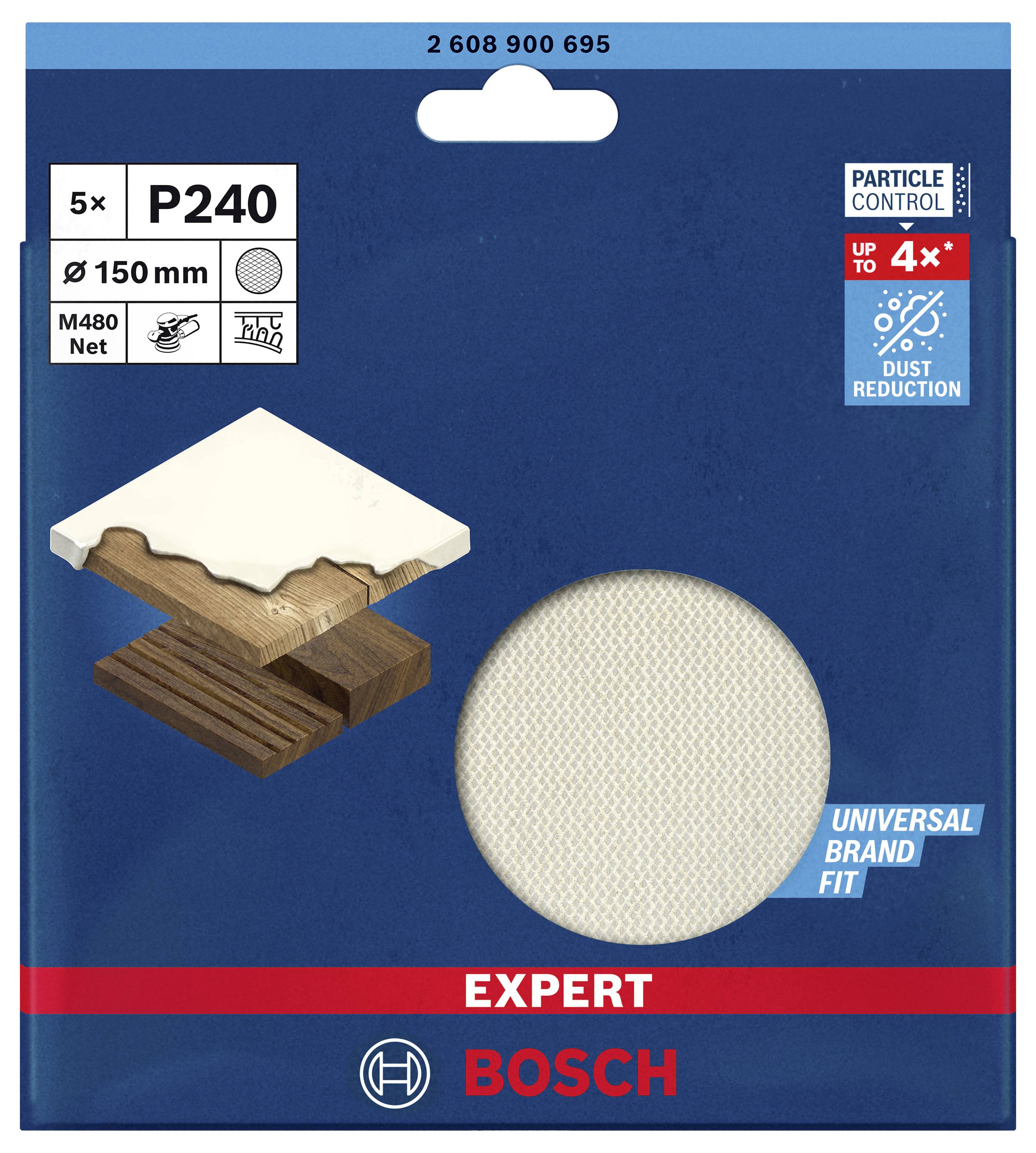 'Bosch Expert P240', Schleifpapier, 150 mm, 5 Stück, geeignet für Holz, Farbe: Weiß, reduziert Staub bis zu 4-fach, universale Passform.