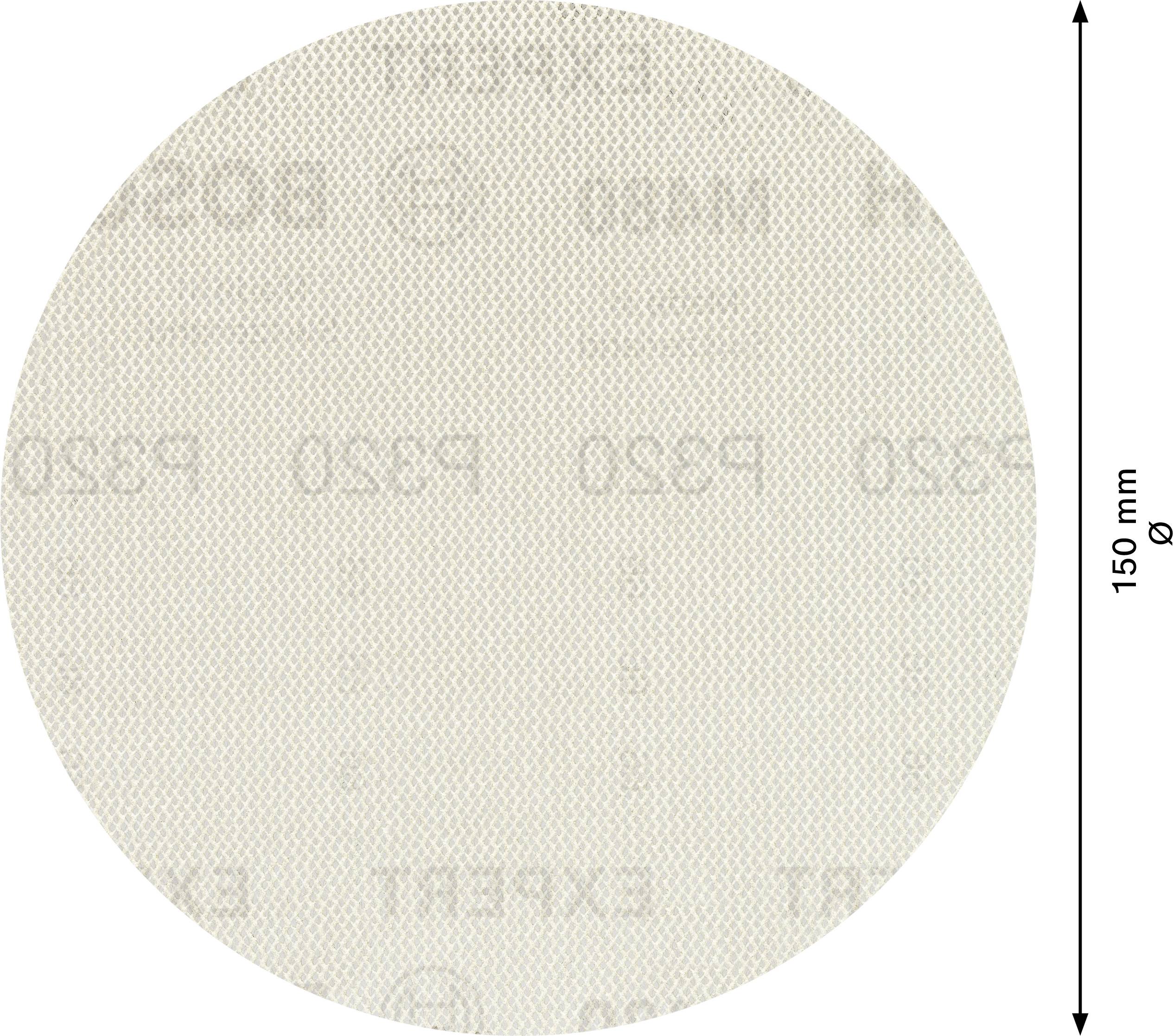 Ein beiger Schleifpapier-Kreis, Durchmesser 150 mm, mit aufgedrucktem Text 'P320', geeignet für feines Schleifen von Oberflächen.