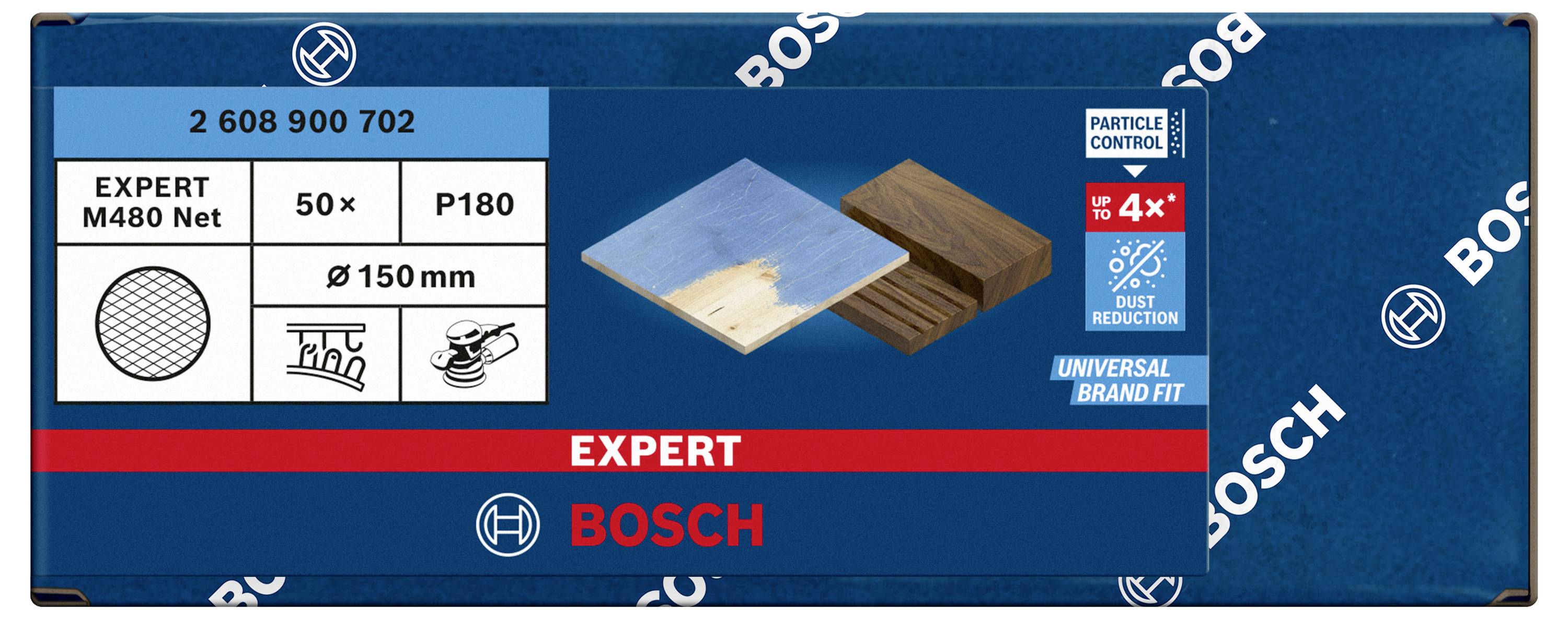 Bosch Schleifgitter, Expert M480, Ø150 mm, P180, 50 Stück. Für Holz, maximaler Staubschutz, universell passend.