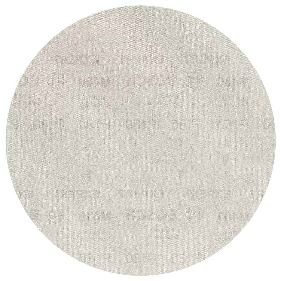 Beige Schleifscheibe mit der Aufschrift 'Bosch Expert P180'. Sie ist rund und dient zum Polieren oder Schleifen von Oberflächen.