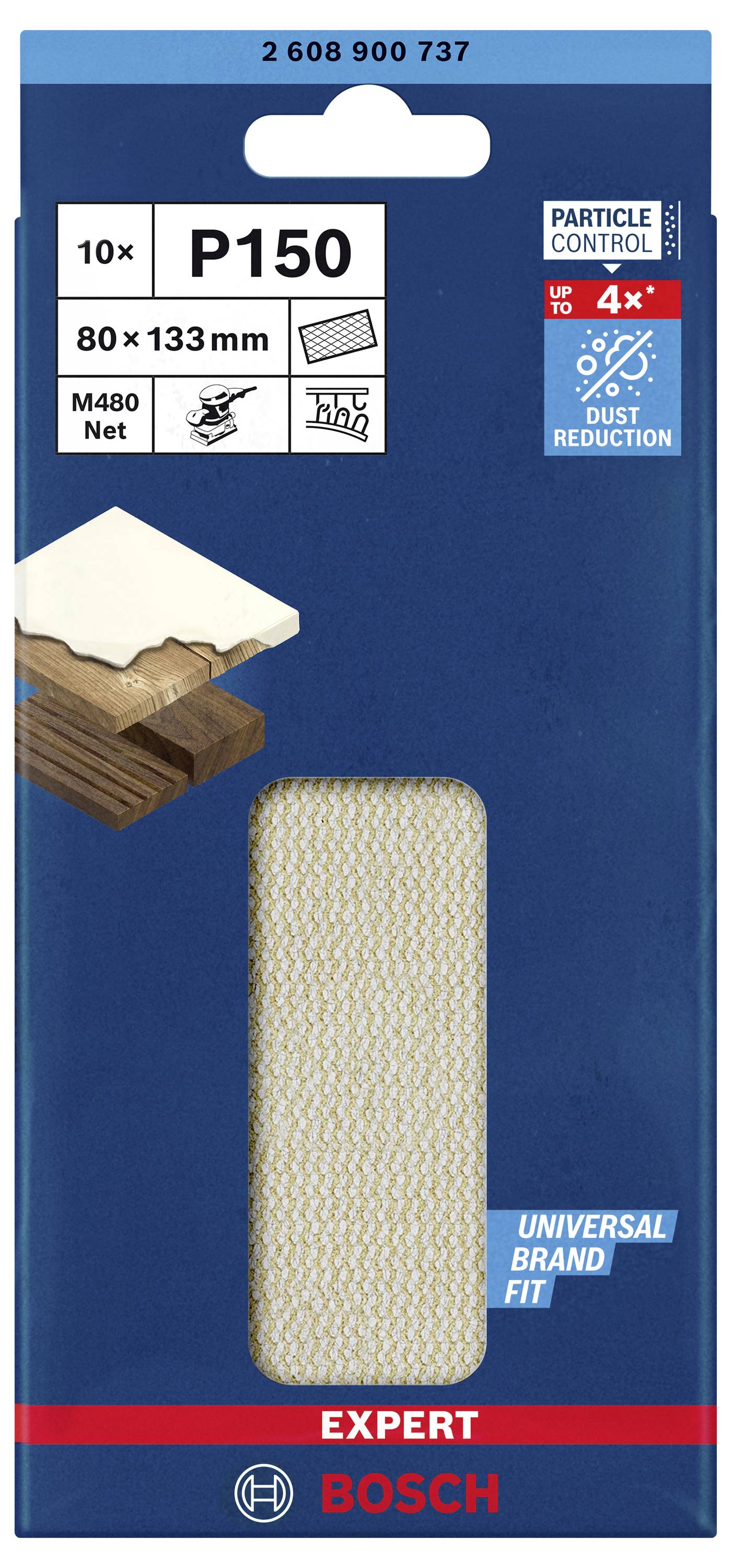 Verpackung für Bosch-Schleifpapier P150, enthält 10 Blätter, 80 x 133 mm, geeignet für Holz, Holzwerkstoffe und Farbe.