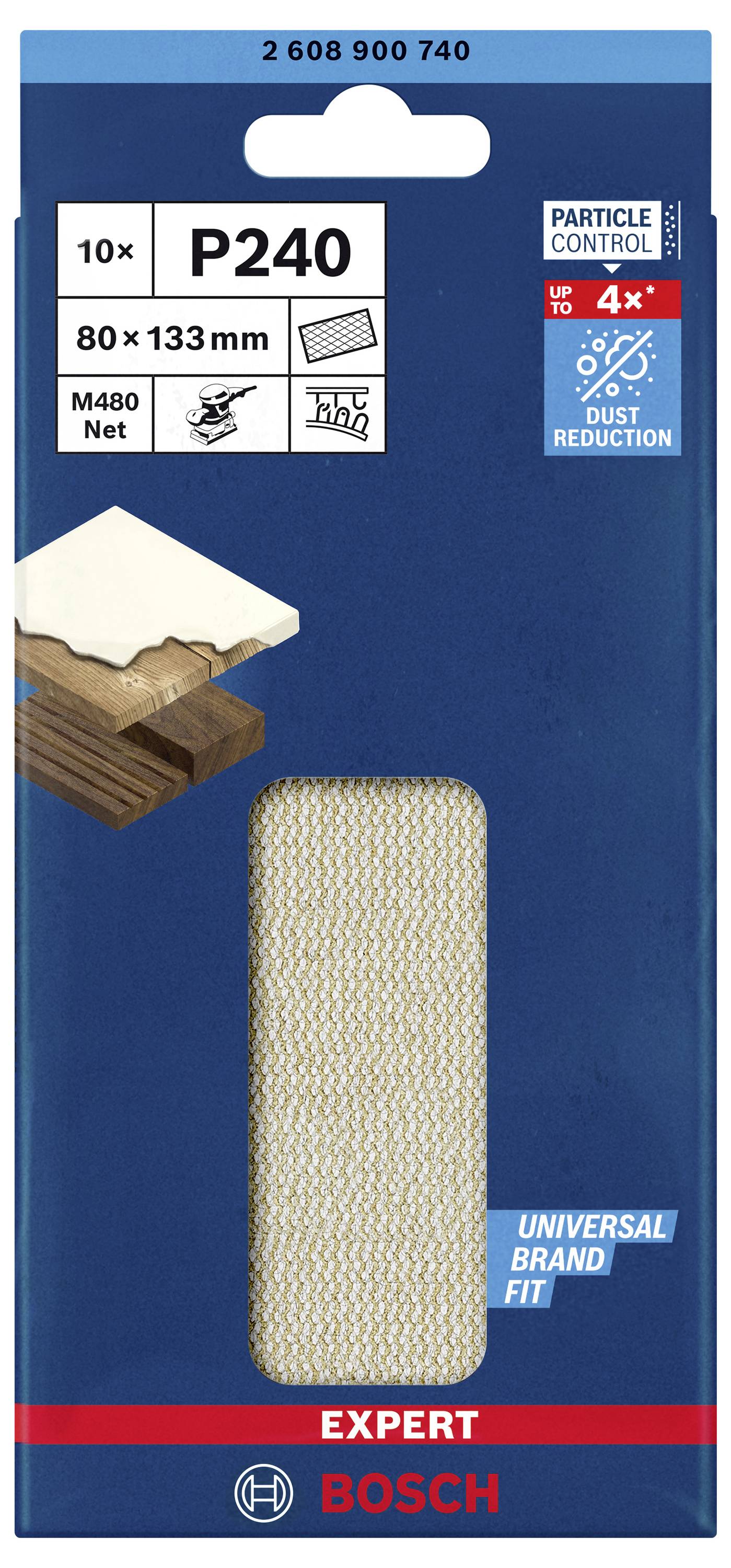 Bosch P240 Schleifpapier, 80 x 133 mm, 10 Stk.; geeignet für Holz- und Lackarbeiten, Staubreduzierung, Universalgröße.
