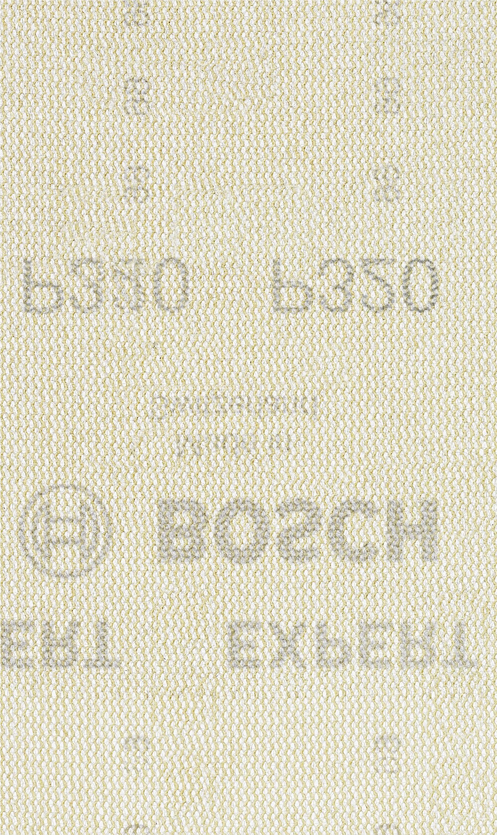 Schleifpapier mit der Aufschrift 'Bosch' in der Mitte, darunter die Zahlen '6370' und '6350'. Hintergrund zeigt Textur des Papiers.