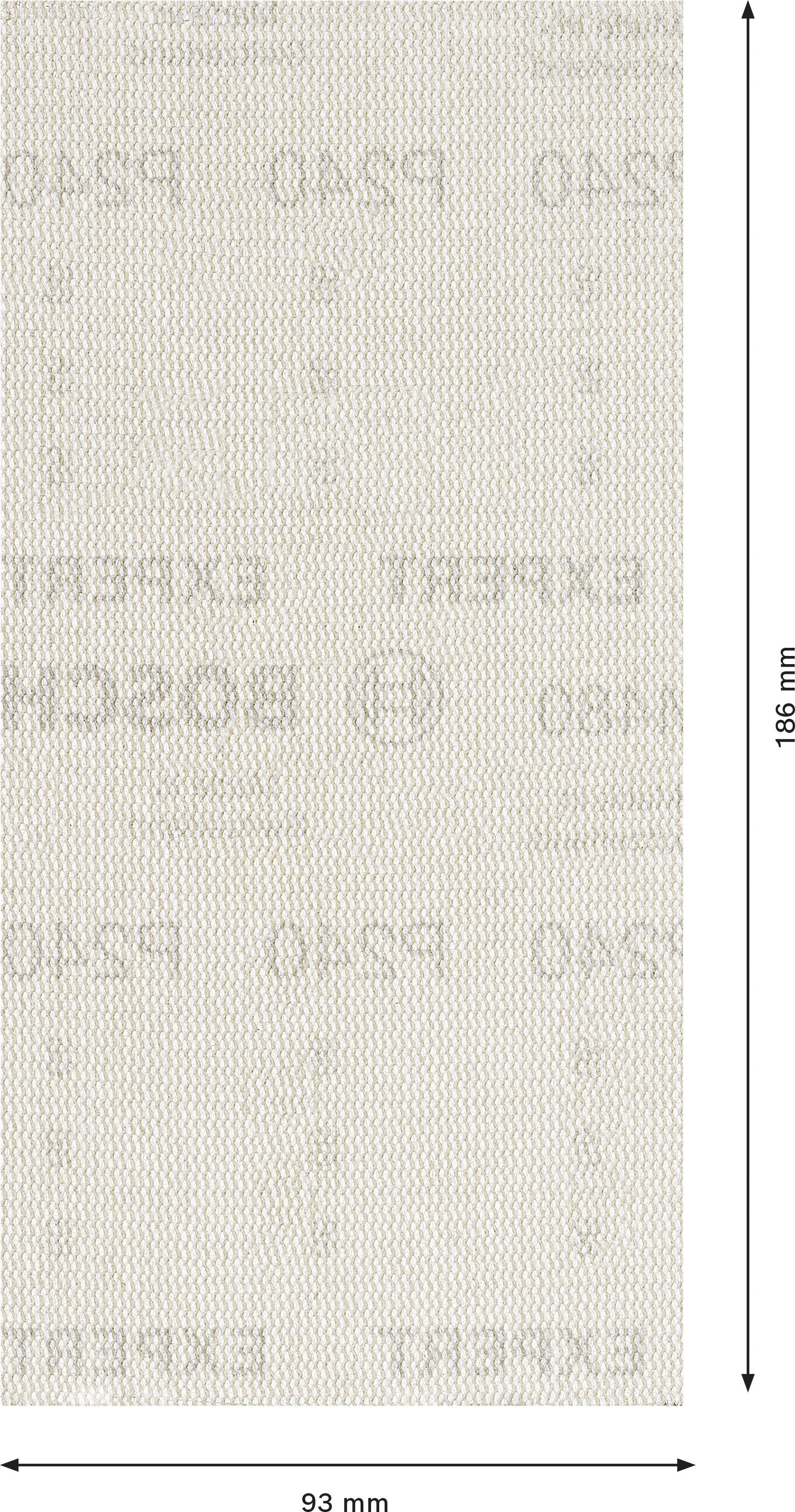 Schleifpapierblatt mit den Abmessungen 93 mm x 186 mm. Enthält Aufdrucke wie 'EXPERT', 'BOSCH' und Körnungsinformationen.