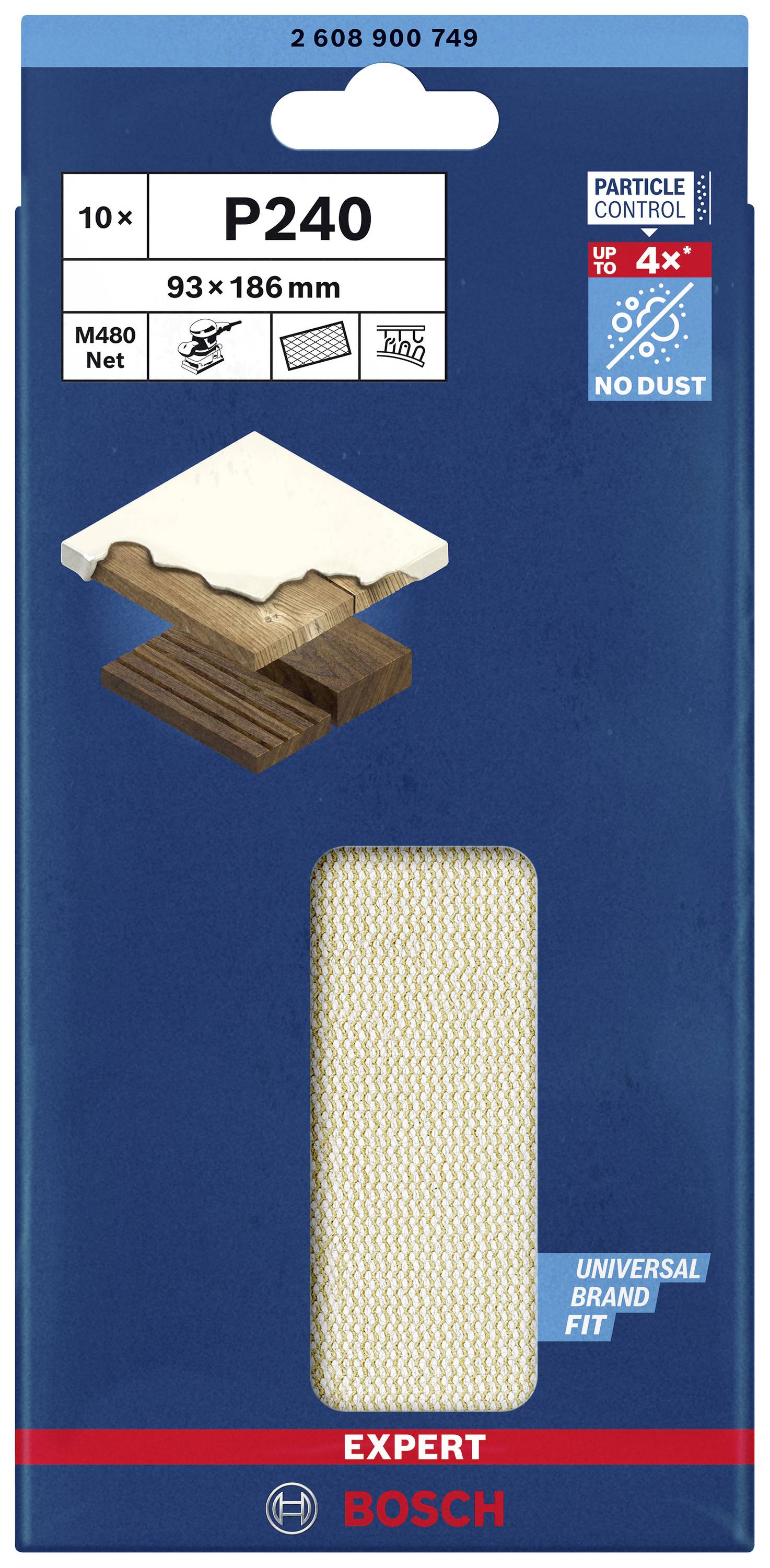 Verpackung von Bosch Schleifpapier P240, 10 Stück, 93x186 mm, geeignet für Holzoberflächen, mit 'Particle Control' und 'No Dust' Eigenschaften.