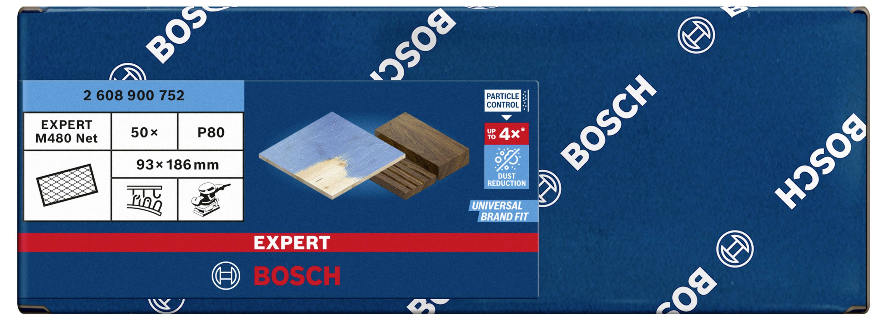Verpackung mit 50 Expert Schleifnetzen von Bosch, Größe 93x186 mm, Körnung P80, für Holzbearbeitung.