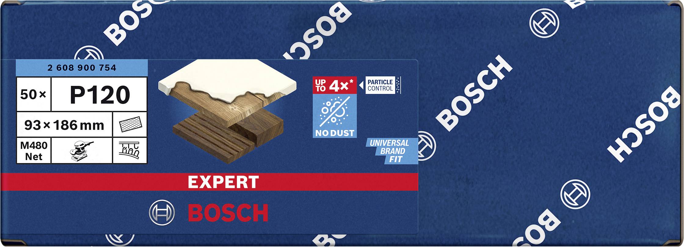 'BOSCH Expert' Schleifblätter P120, geeignet für Holz, Putz, Metall, 93x186mm, 50 Stück. Verpackung zeigt Holz, Putz, Metall Anwendung.