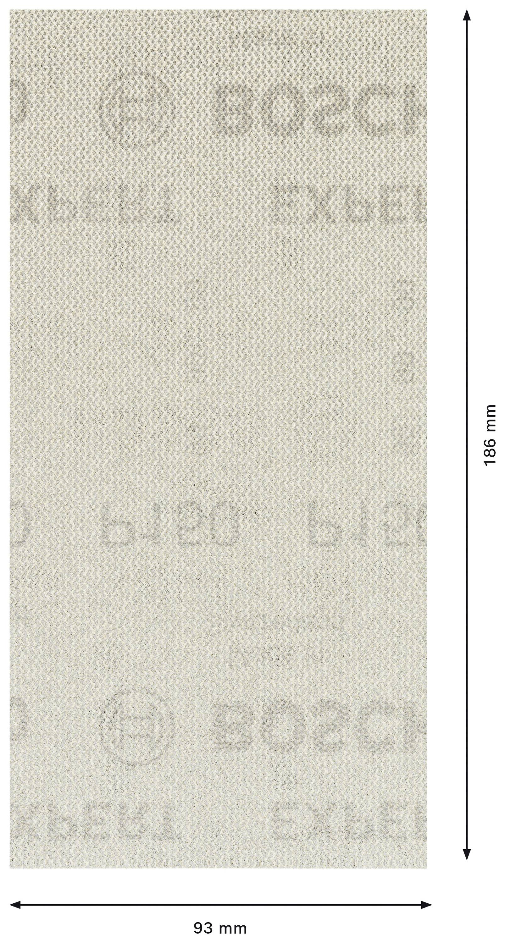 Rechteckiges Schleifpapier von Bosch, Maße 186 mm x 93 mm, hellbeige Farbe, mit aufgedrucktem Logo und Text.