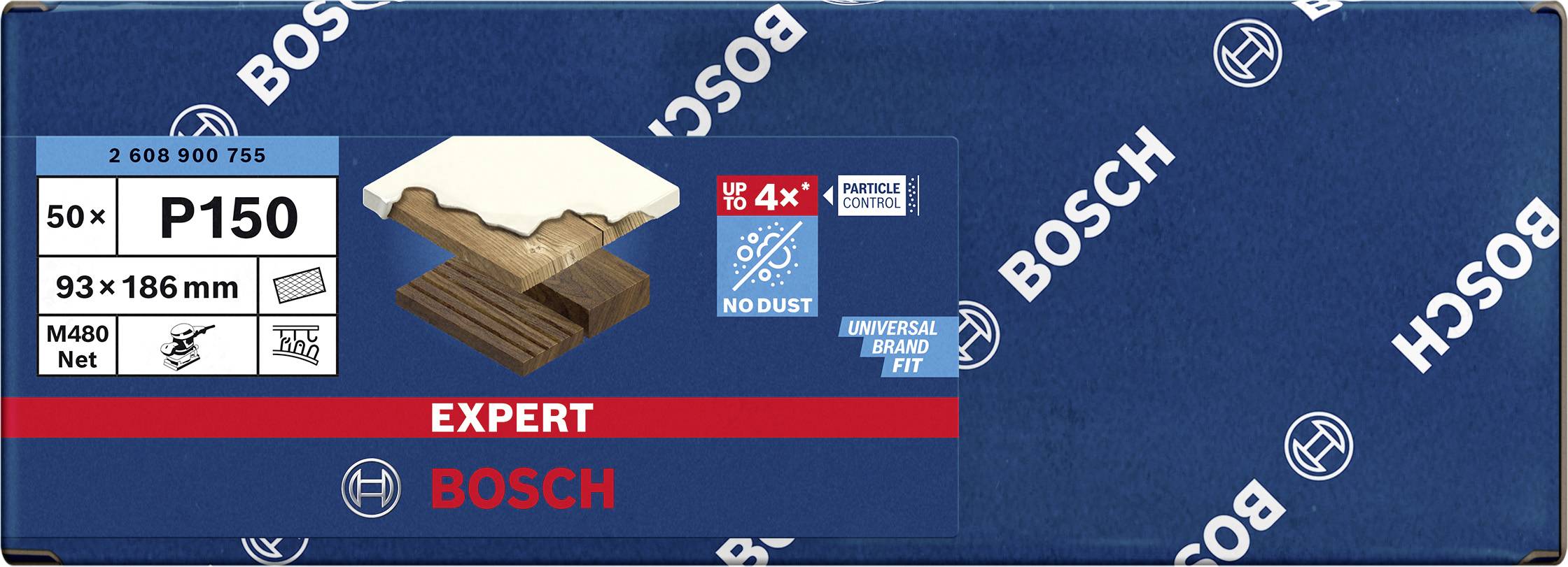 Verpackung einer Schleifpapierpackung von Bosch. Enthält 50 Blätter mit Körnung P150, Größe 93x186 mm. Geeignet für Holz, staubfrei.