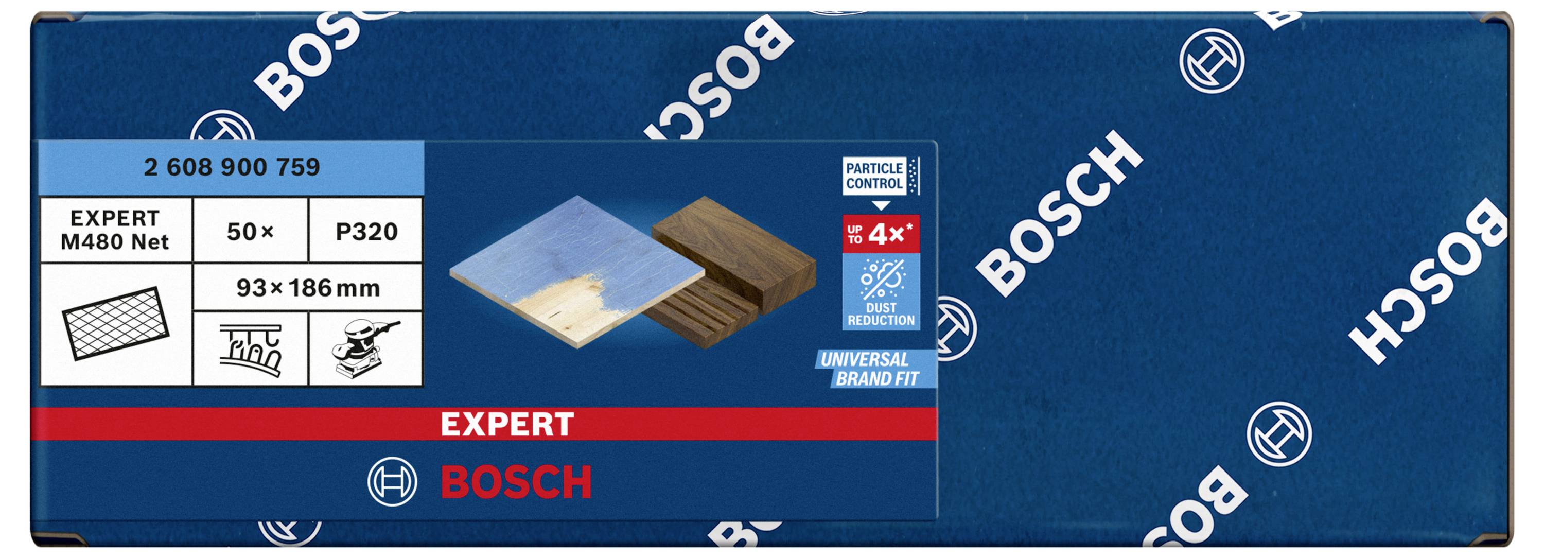 'Bosch Expert' Schleifpapier-Verpackung mit 50 Blättern, Körnung P320, Größe 93x186 mm. Geeignet für Holz und Lack, mit Partikelkontrolle.