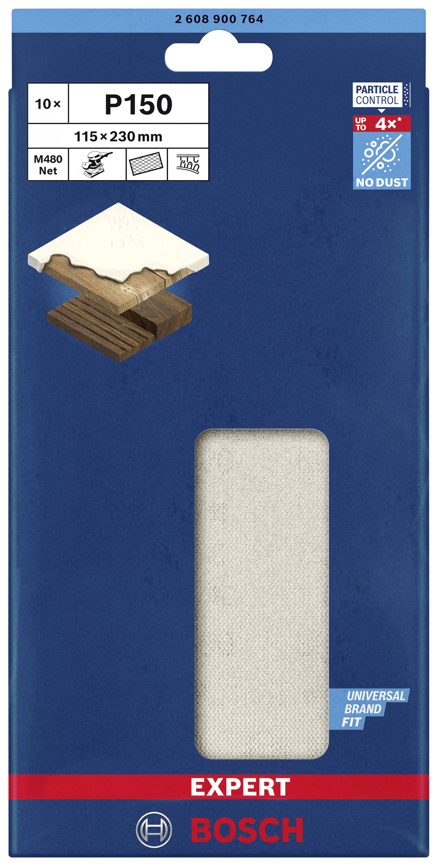 Schleifpapier-Verpackung von Bosch, Typ P150, Größe 115 x 230 mm. Enthält 10 Stück, geeignet für Holz und Farbe, staubfrei.