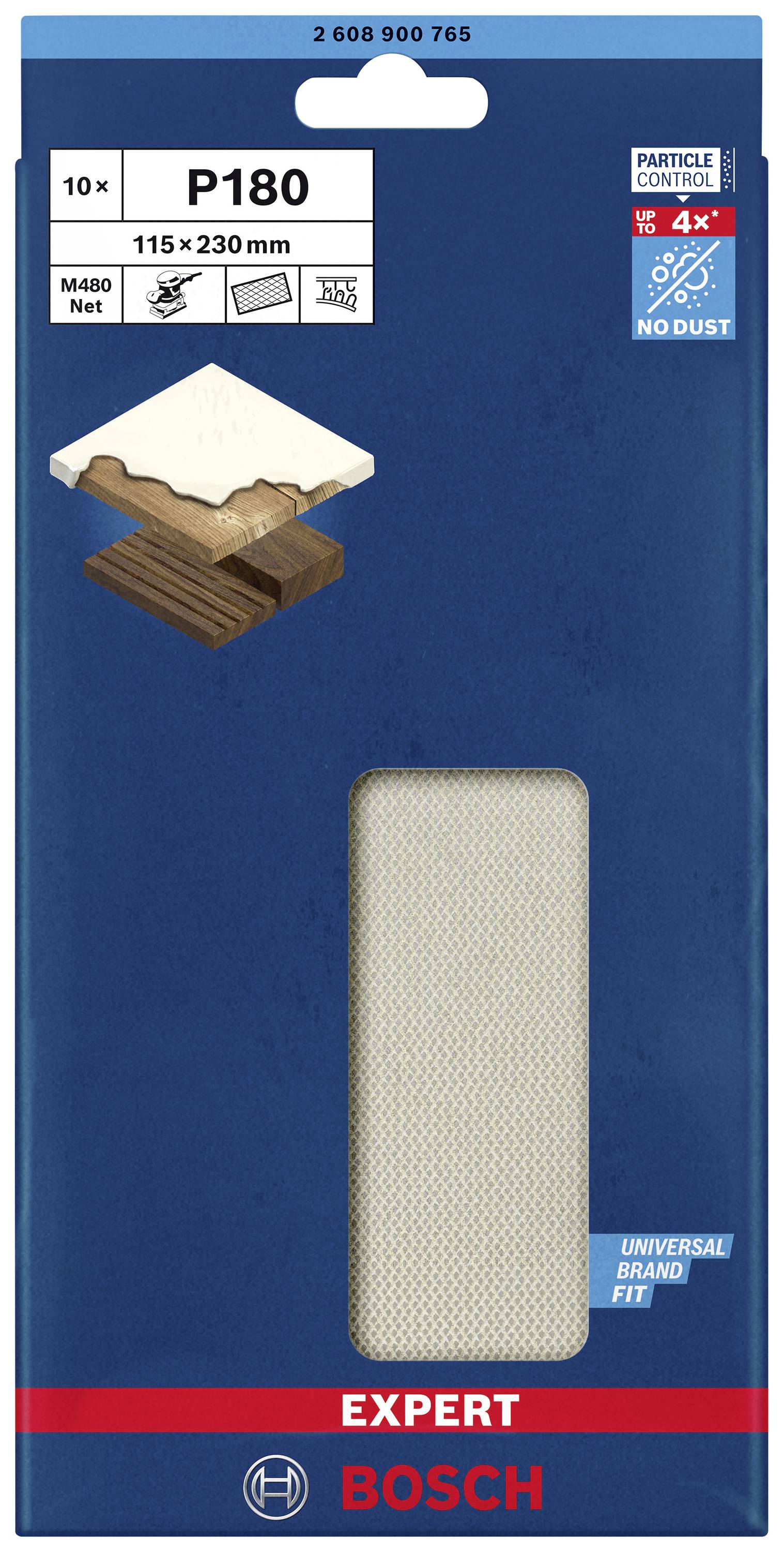 Bosch Schleifpapier, Körnung P180, 10er-Packung, 115 x 230 mm, geeignet für Holz. Produktverpackung mit Abbildung des Papiers.