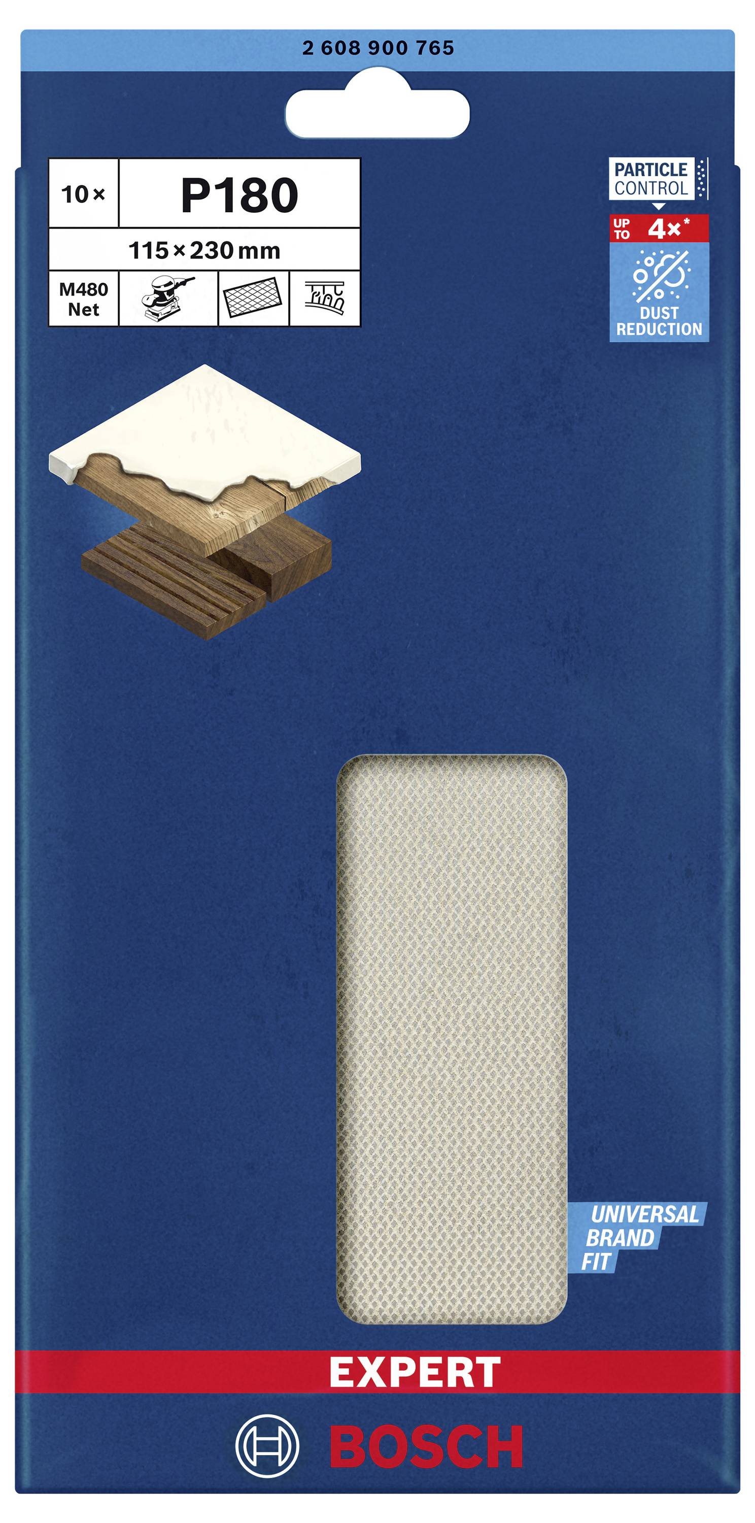 Verpackung von Bosch Schleifblättern: P180, 115x230 mm, geeignet für verschiedene Materialien, 4x Staubreduzierung, 10 Stück.