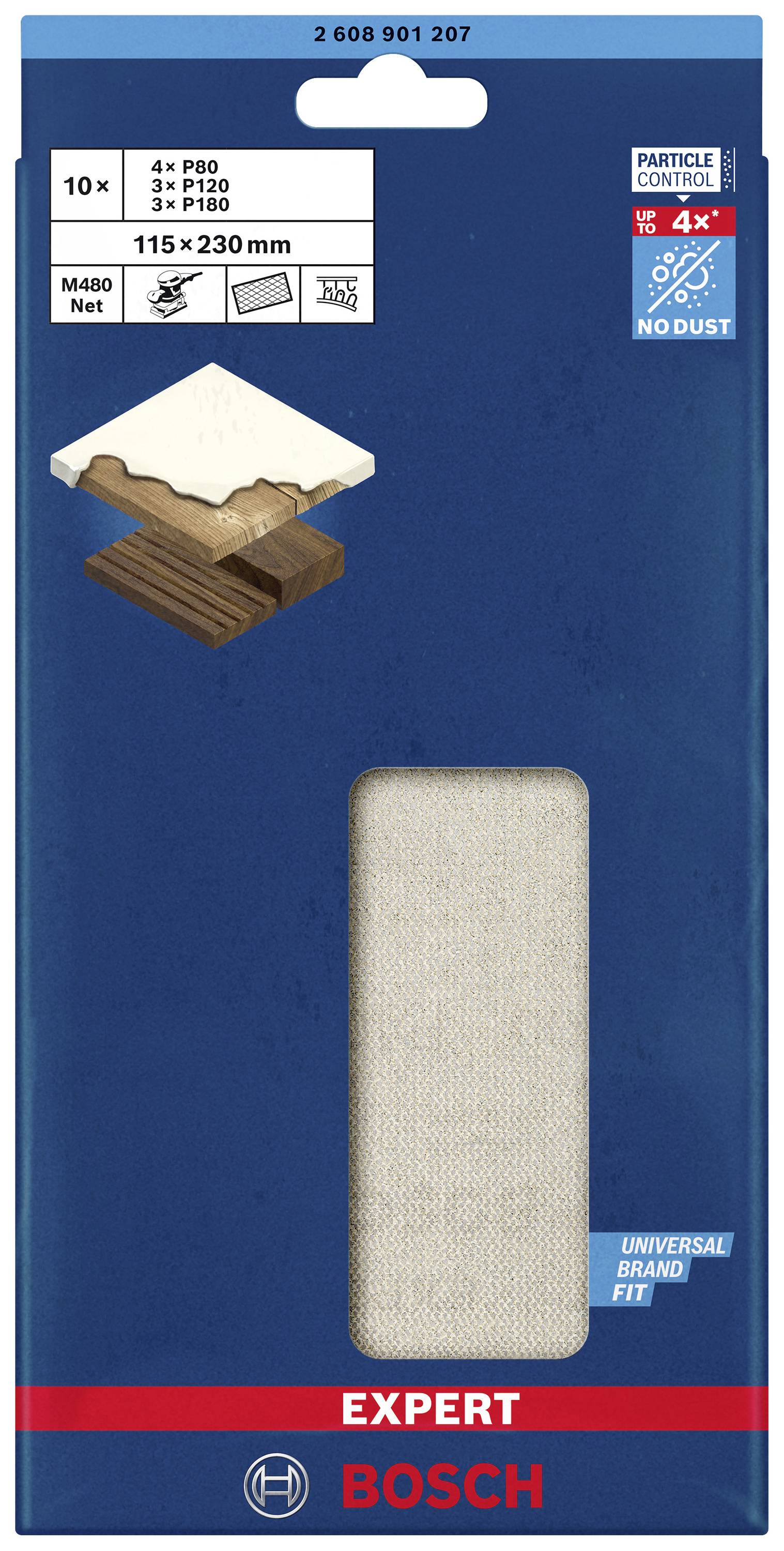Bosch Expert Netzschleifblätter Set, 10 Stück: 4x P80, 3x P120, 3x P180. Geeignet für Holz und Farbe. Größe: 115x230 mm.