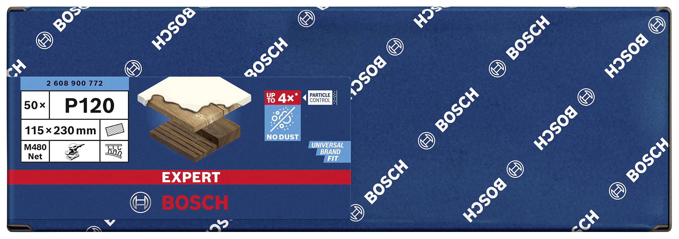 Verpackung für Bosch Schleifpapier, Typ 'Expert', Körnung P120, Größe 115x230mm, 50 Blätter. Geeignet für Holzbearbeitung, staubfrei.