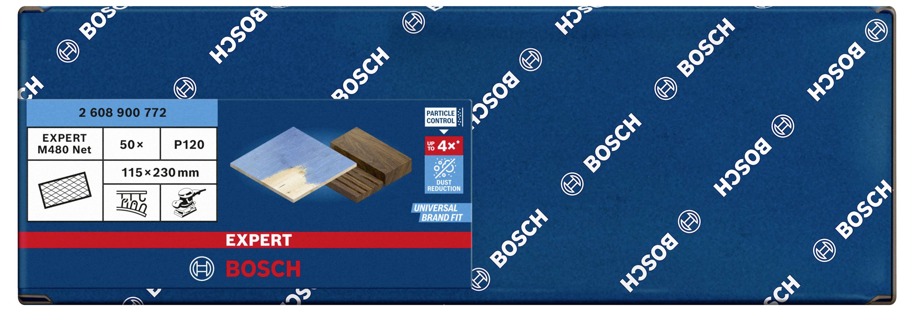 Verpackung von Bosch Schleifpapier, Typ Expert, Maße 115x230 mm, 4 Stück, geeignet für Holz und Metall.