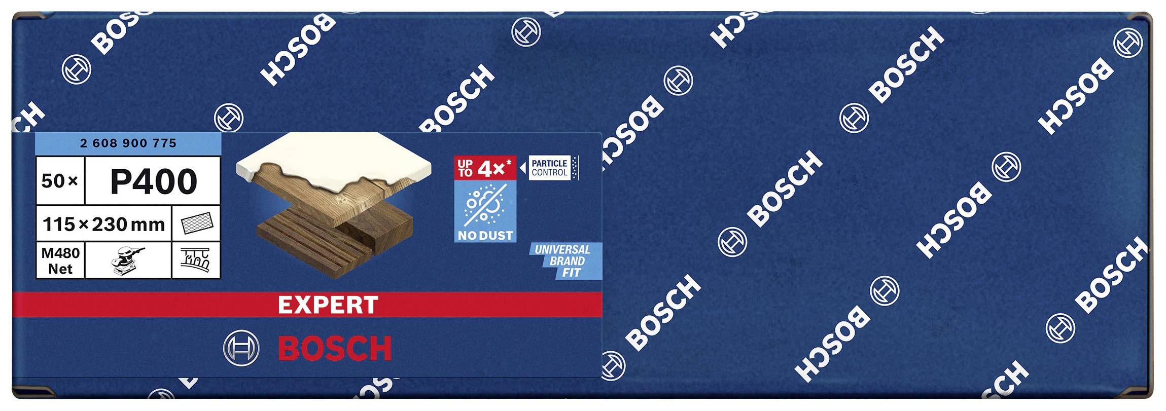 'Bosch' Schleifpapier-Packung mit der Aufschrift 'P400, M480, Net, 50x, 115x230 mm, 16x4 NoDust.' Markenlogo und blauer Hintergrund.