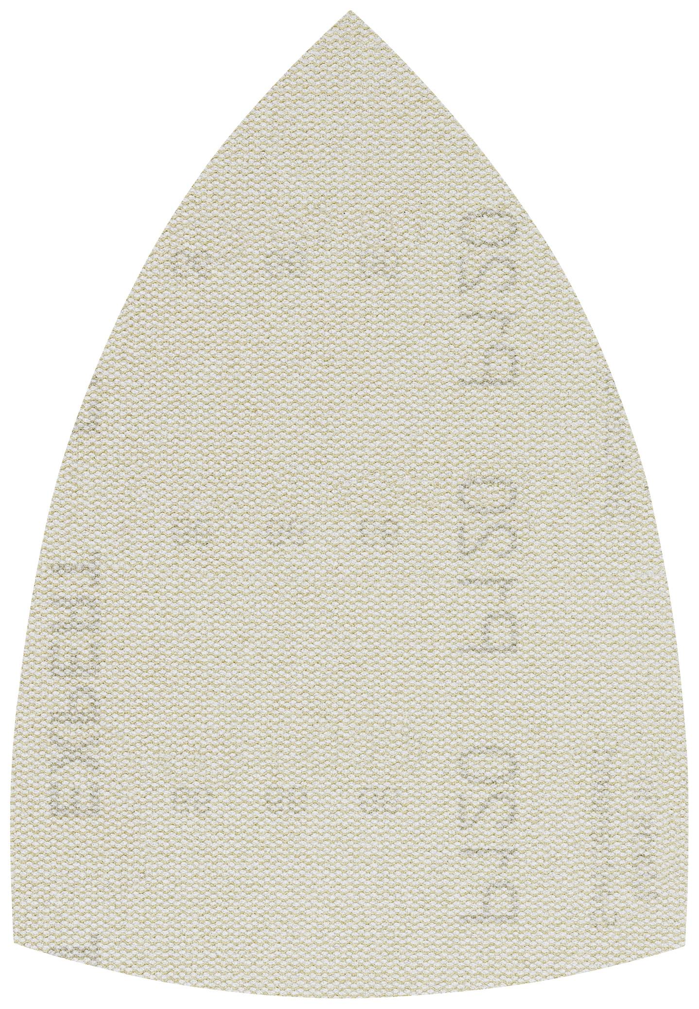Beige dreieckiges Schleifpapier mit abgerundeten Kanten, geeignet für ein Schwingschleifgerät. Oberseite mit matter, körniger Textur.