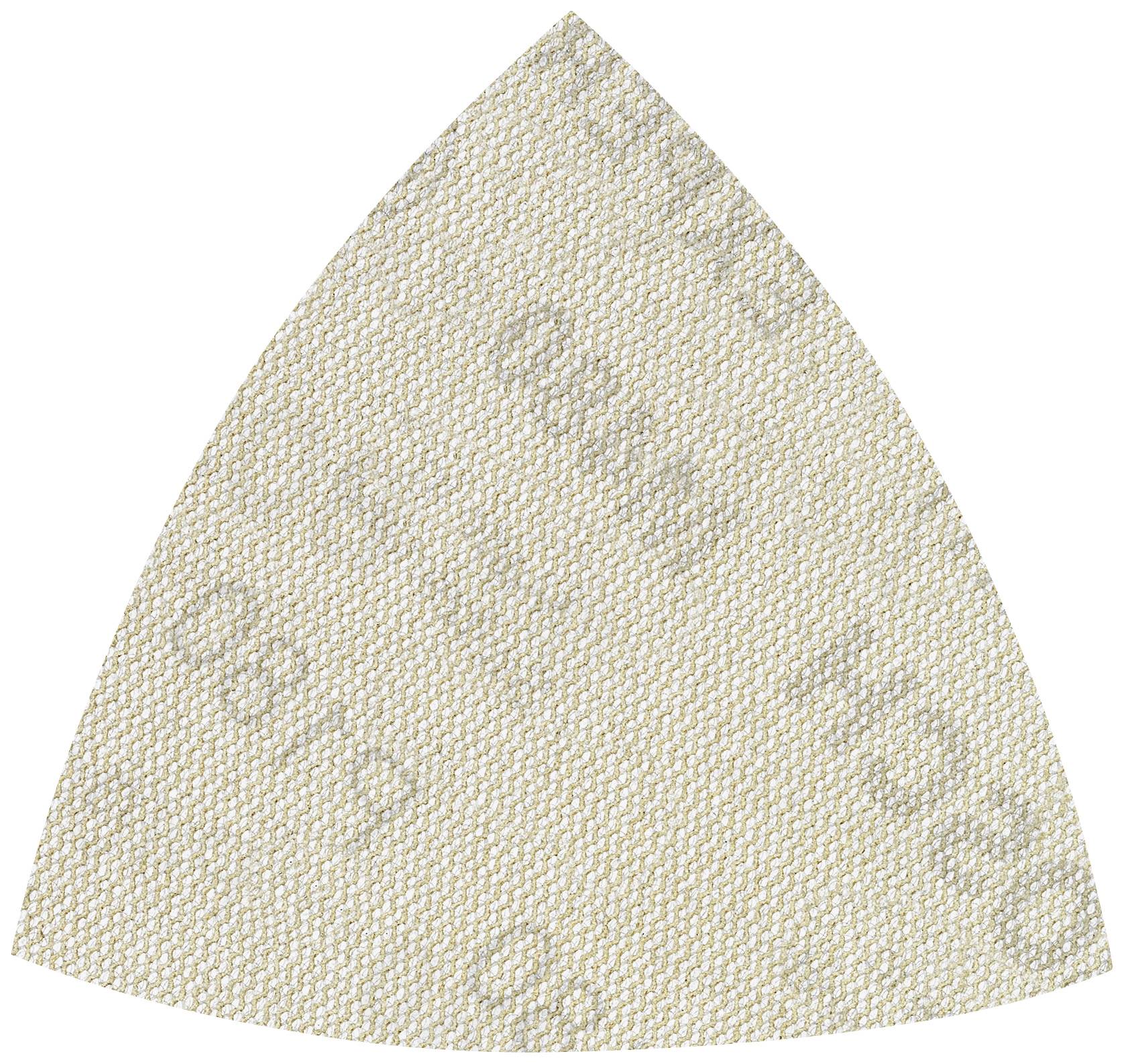 Ein dreieckiges Schleifpad mit körniger Struktur, beige Farbe, das zur Oberflächenbearbeitung verwendet wird.