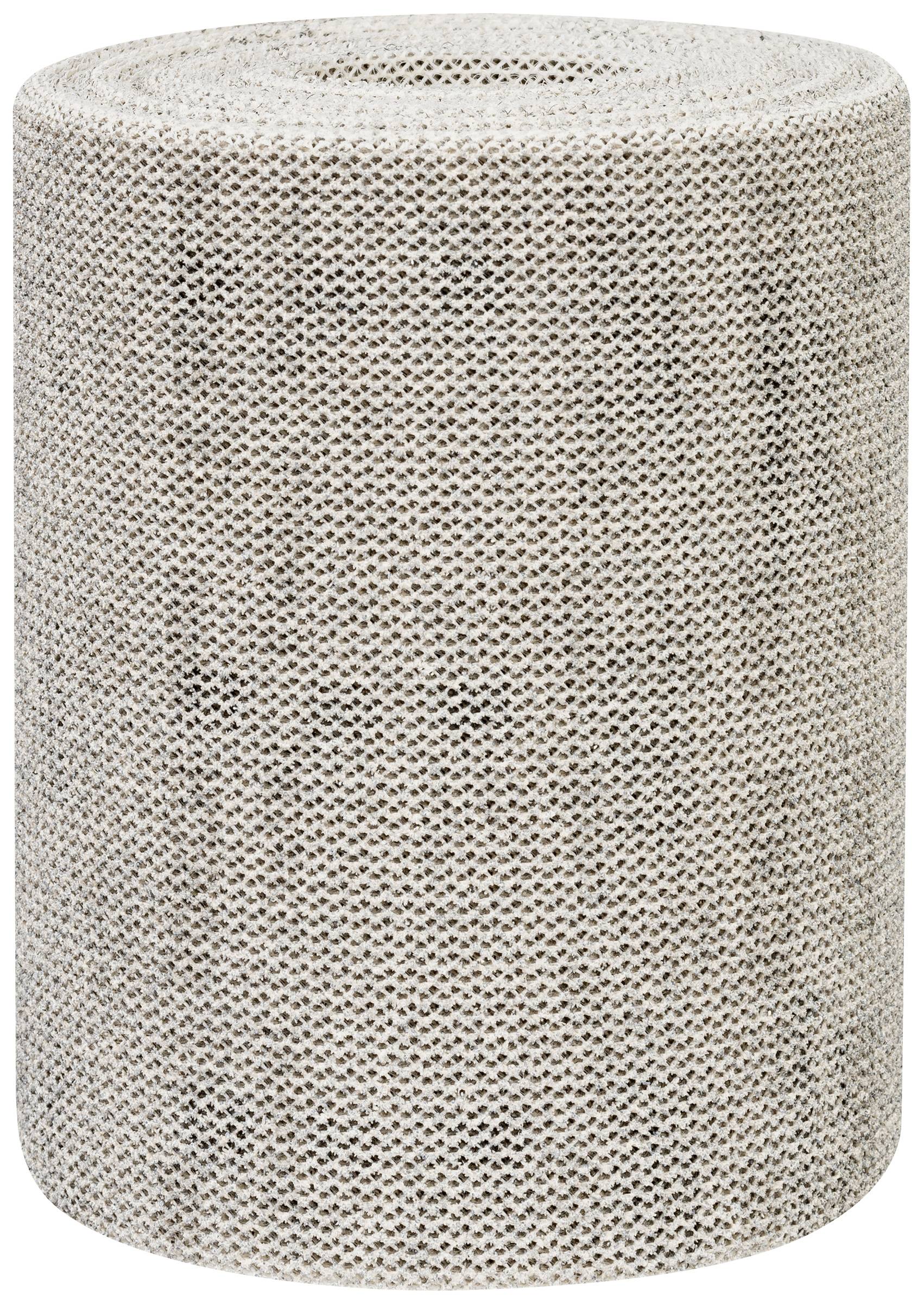 Ein runder, beiger Hocker mit gestricktem Muster, geeignet als Sitzgelegenheit oder Dekoration in Innenräumen.