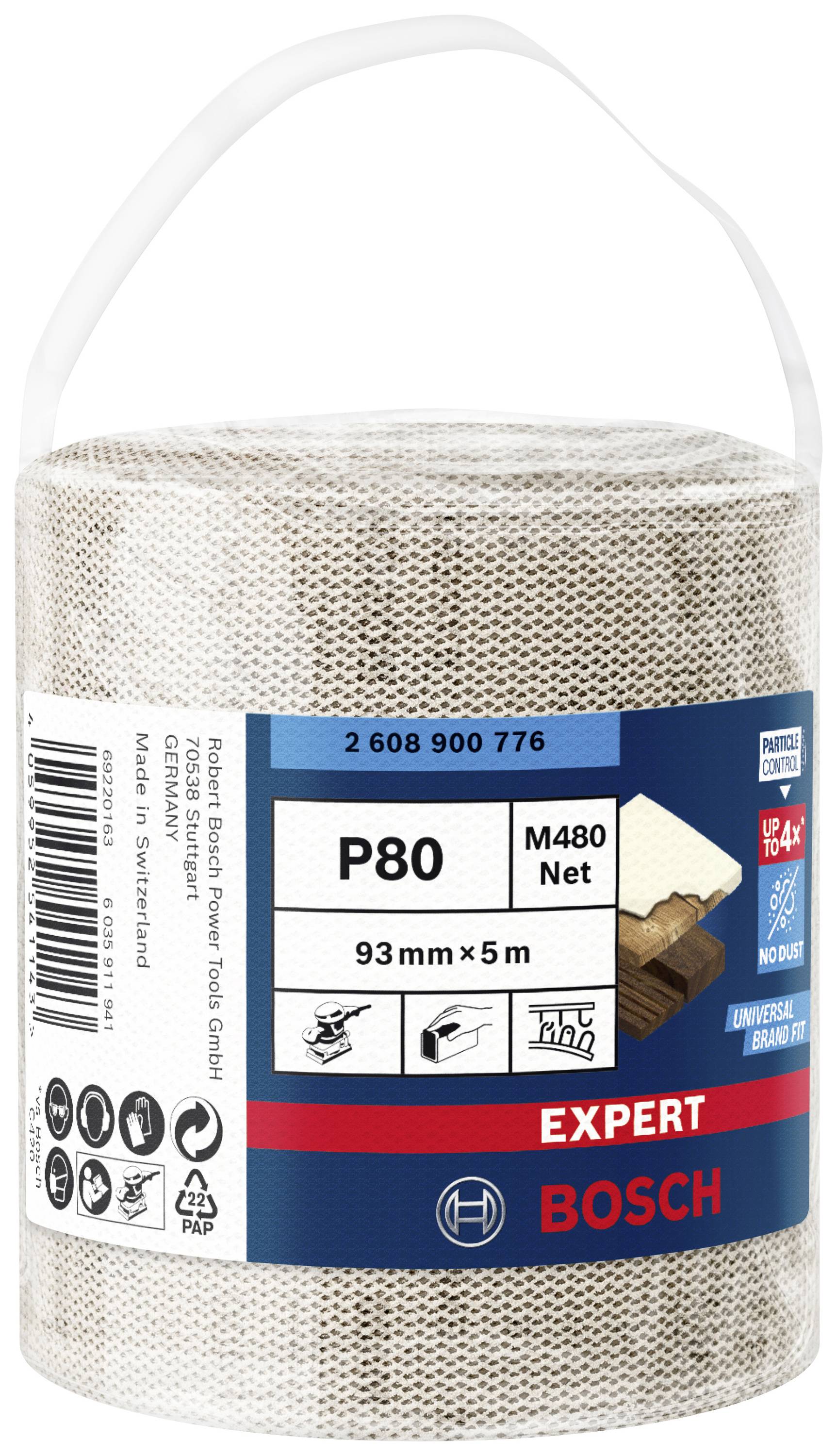 Schleifrolle der Marke Bosch, P80 Körnung, 93mm x 5m. Verpackung zeigt Anwendungsmöglichkeiten für Holz- und Metalloberflächen.