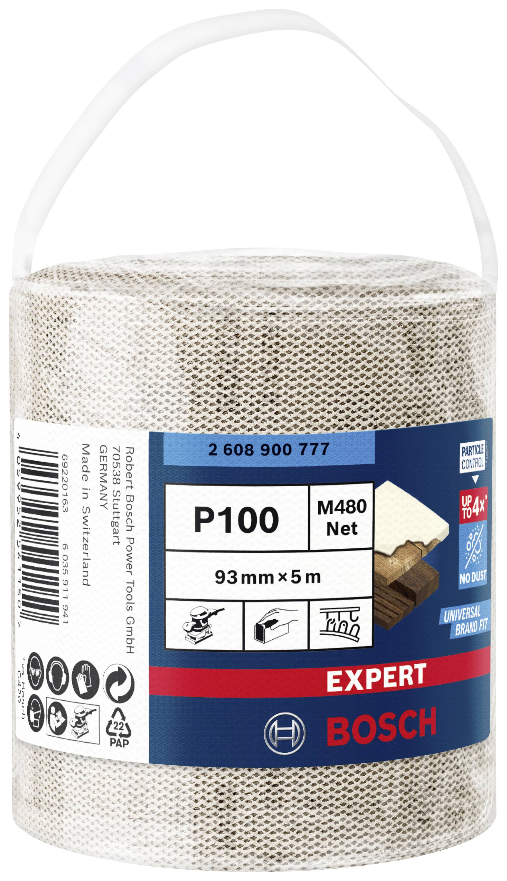 Eine Rolle feines Schleifnetz von Bosch mit P100 Körnung, 93 mm Breite und 5 m Länge. Verpackung zeigt Anwendungsmöglichkeiten.