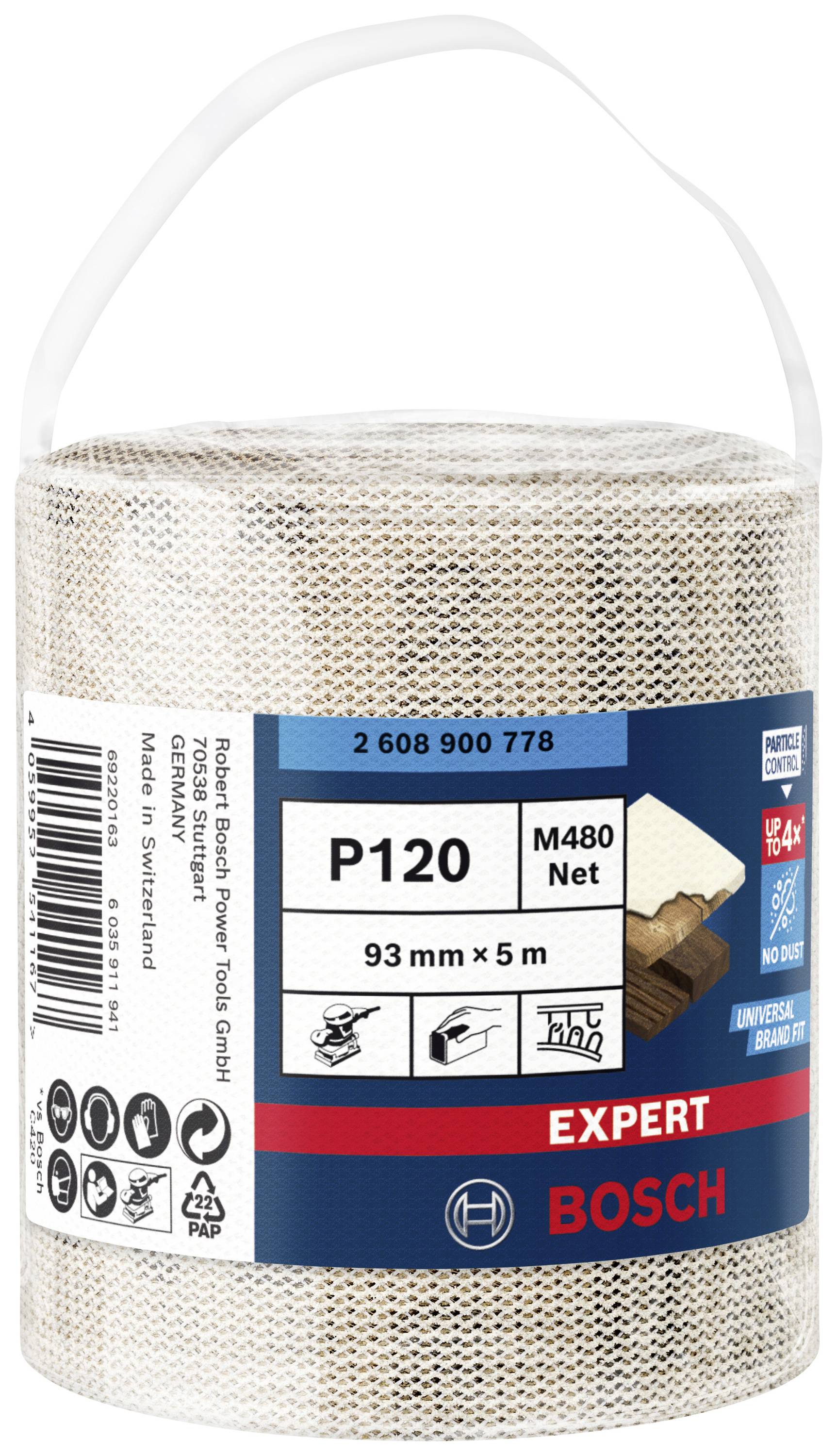 Eine Rolle Schleifgitter von Bosch, P120 Körnung, 93 mm x 5 m. Ideal für Holz- und Universal-Oberflächenbearbeitung.