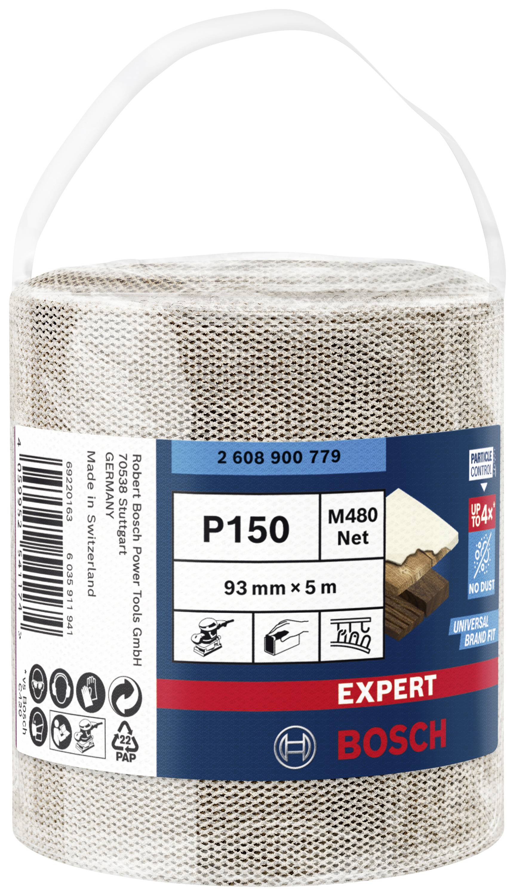 Eine Rolle Bosch Schleifnetz P150, 93 mm Breite, 5 m Länge, universell einsetzbar, in einer durchsichtigen Verpackung.