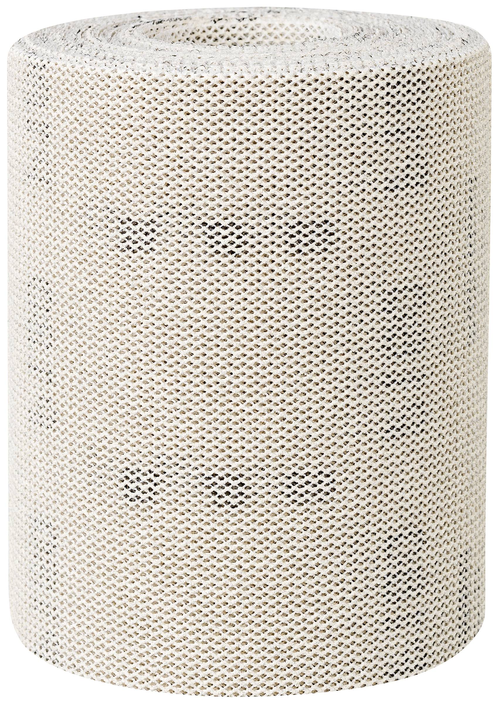 Eine Rolle aus hellbraunem, perforiertem Material, aufrecht stehend, vor einem weißen Hintergrund.