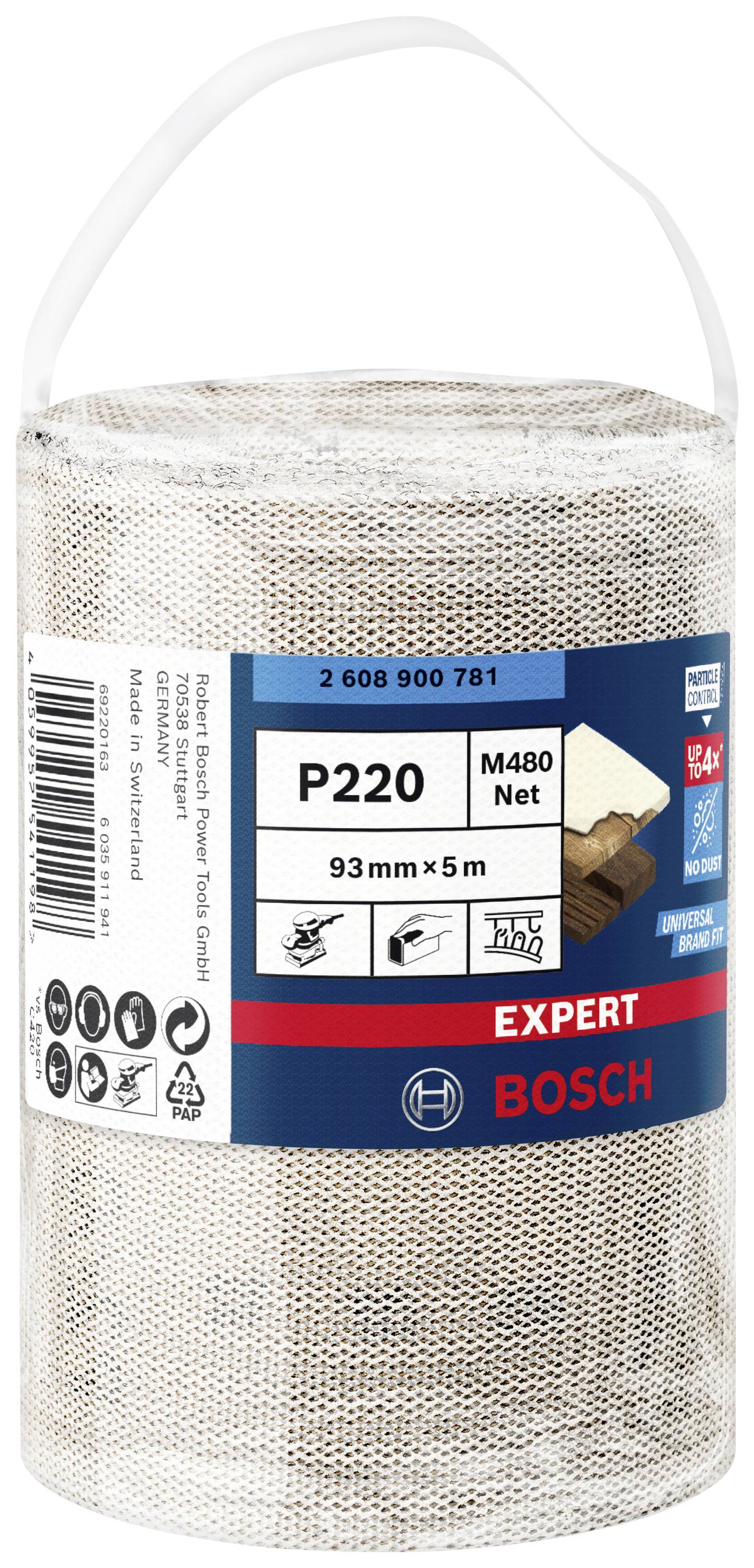 Schleifnetzrolle von Bosch, Expertenqualität, Körnung P220, 93 mm x 5 m. Geeignet für Holzverarbeitung, Bild zeigt Produktverpackung.