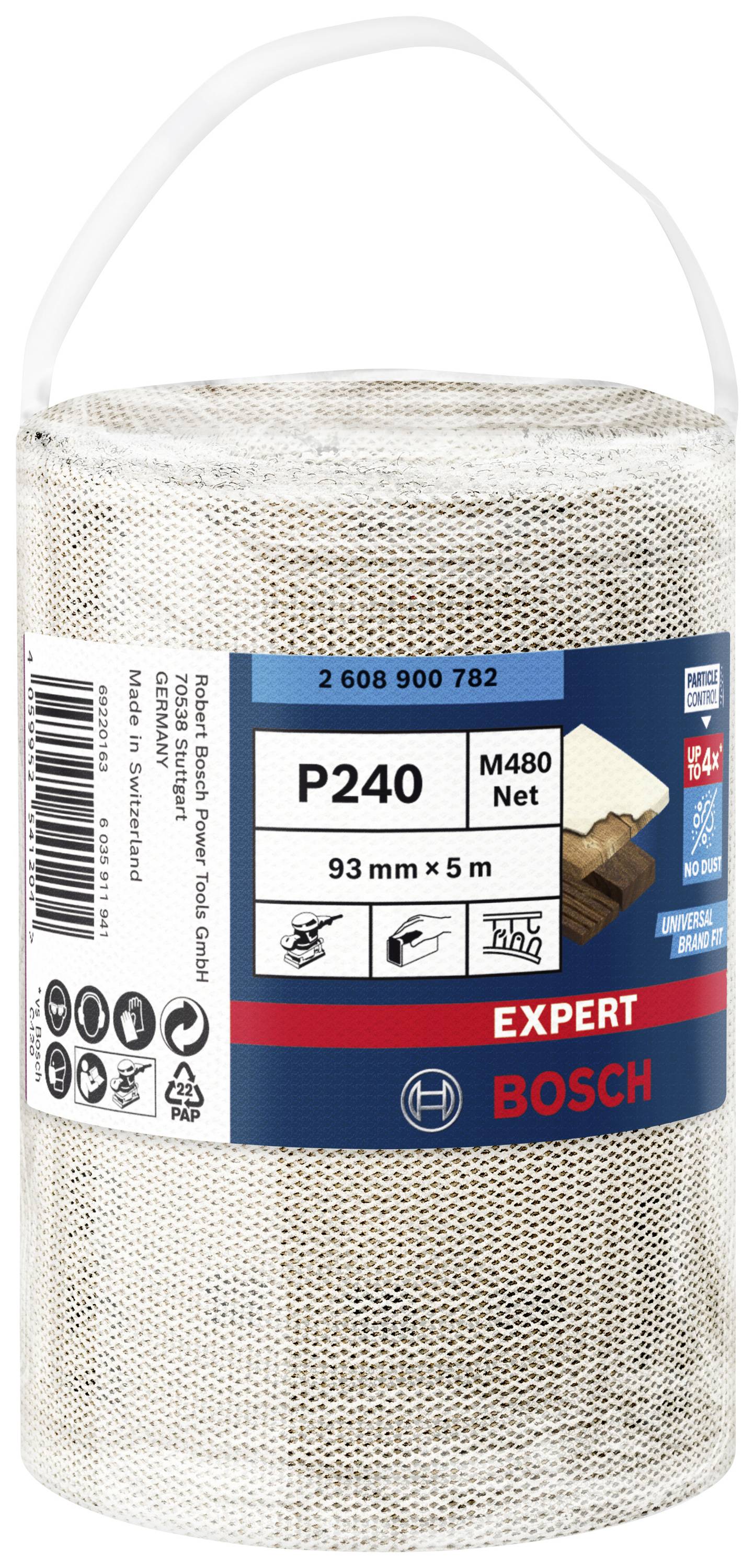 Eine Rolle Schleifnetz der Marke Bosch, Typ 'P240', 93 mm x 5 m, geeignet für das Schleifen verschiedener Materialien.