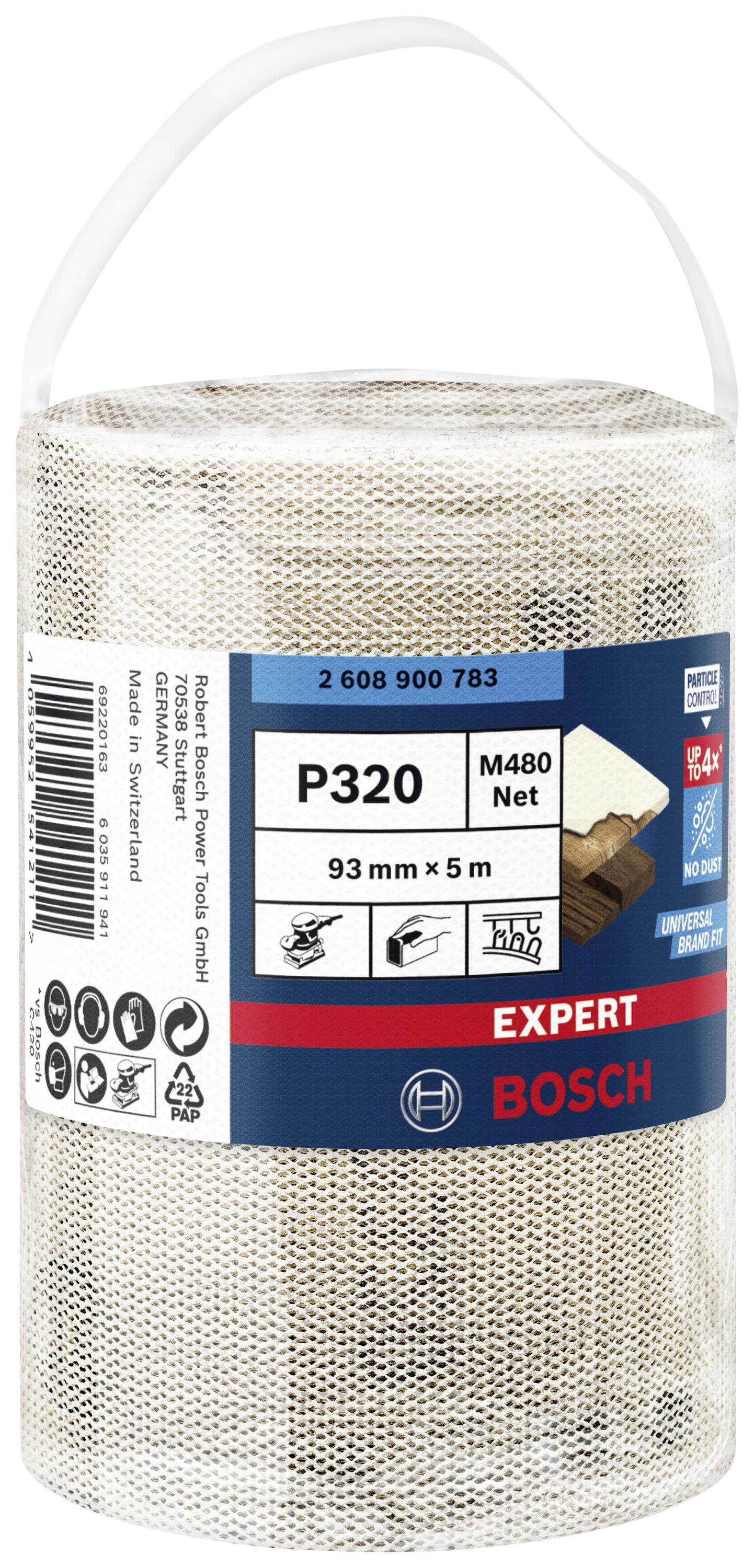 Eine Rolle Bosch Schleifnetz P320, 93 mm x 5 m, für Holz und Metall. Enthält Herstellerinformationen und Produktbeschreibungen.