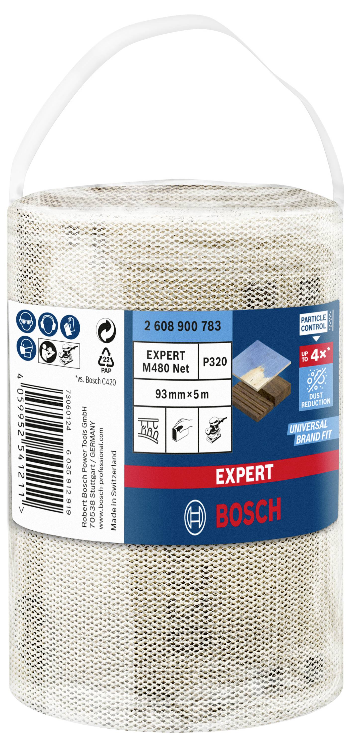 Eine Rolle Bosch Schleifgitter P320, 93 mm x 5 m, in Kunststoffverpackung mit Griff, geeignet für verschiedene Materialien.